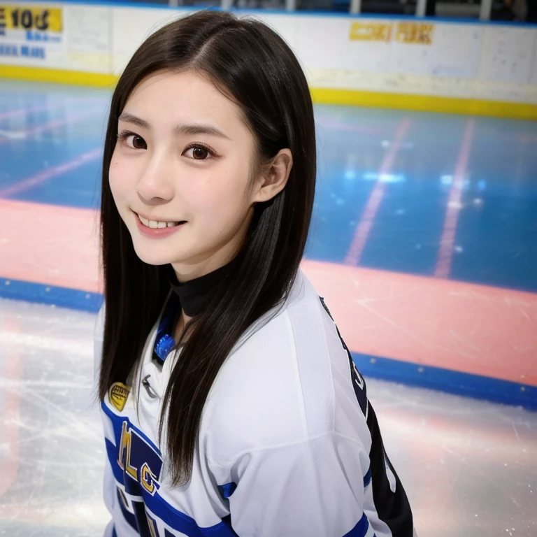 (kawaii 24year-old Japanese girl, Nogizaka idol, Korean idol), female ice hockey player, (glossy black hair, very short hair:1.3), (rounded face, black eyes, single eyelid, no makeup, soft smiling:1.2), (wearing long sleeved ice hockey jersey:1.5), ice hockey gloves, (flat chest, extra small breasts:0.8), (looking at viewer:1.2), BREAK, (skating at ice skate arena:1.3), (view from side, angle from above, face focus:1.3), BREAK, (masterpiece, best quality, photo realistic, official art:1.4), (UHD, 8K quality wallpaper, high resolution, raw photo, golden ratio:1.3), (shiny skin), professional lighting, physically based rendering, award winning, (perfect anatomy, highly detailed skin, extremely detailed face and eyes:1.2), Carl Zeiss 85 mm F/1.4, depth of field, 1girl, solo, nhl player, national hockey league player,