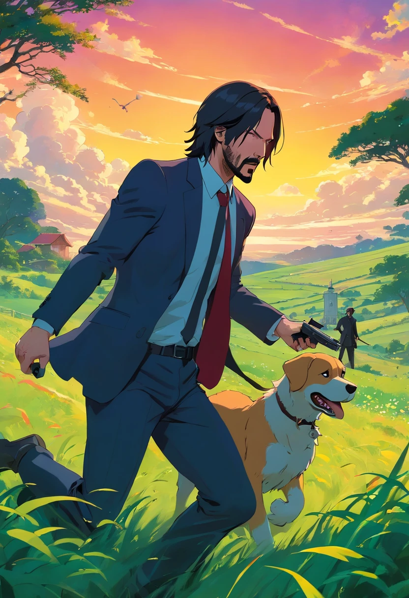 John Wick fighting in the countryside, by Studio Ghibli,
