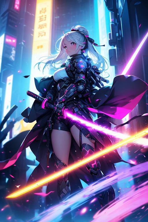 (masterpiece, best quality:1.1),
(8k, best quality, masterpiece, ultra highres, ultra-detailed:1.2),future technology,1girl,A japanese samurai girl wearing a cyberpunk-style mecha costume,Shining Japanese sword,dynamic poses,(glowing electronic screen),(Electronic information flow:1.3),Holographic projection,(Glowing electronic screen on arm:1.2),whole body,Multi-wire striations,Luminous text on thigh,(girl pose:1.2),Glowing electronic shoes,whole body,Colored smoke,City blocks,skyscraper,neon lights,