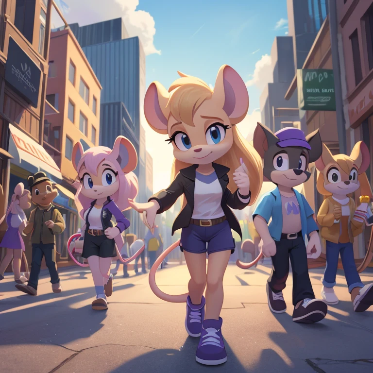 ((Masterpiece)), HD, Best Quality, vibrant lighting, shading, intricate details, extremely detailed, very detailed, high resolution, 8k, high quality, studio quality, detailed, insanely detailed, extreme detail, refined detail, perfect detail, max detail, solo, solo focus, high quality, cartoon style, 2d, Mobian, solo, 1girl, (gadget hackwrench, chip_'n_dale_rescue_rangers:1.2), (pale pink body fur), mouse girl, light blue eyes, medium breasts, fit, (long straight blonde hair, kinda frizzy, with fluffy bangs:1.2), mouse ears, cute bright pink mouse nose, open jacket, t-shirt, shorts, shoes, neutral expression, walking, city, crowd, daytime