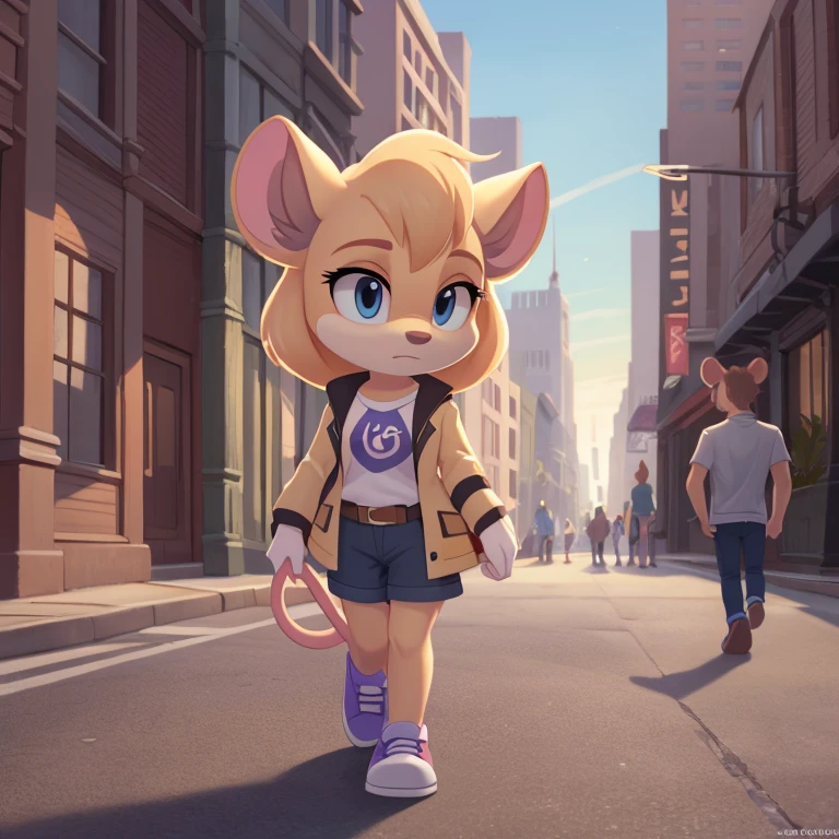 ((Masterpiece)), HD, Best Quality, vibrant lighting, shading, intricate details, extremely detailed, very detailed, high resolution, 8k, high quality, studio quality, detailed, insanely detailed, extreme detail, refined detail, perfect detail, max detail, solo, solo focus, high quality, cartoon style, 2d, Mobian, solo, 1girl, (gadget hackwrench, chip_'n_dale_rescue_rangers:1.2), (pale pink body fur), mouse girl, light blue eyes, medium breasts, fit, (long straight blonde hair, kinda frizzy, with fluffy bangs:1.2), mouse ears, cute bright pink mouse nose, open jacket, t-shirt, shorts, shoes, neutral expression, walking, city, crowd, daytime