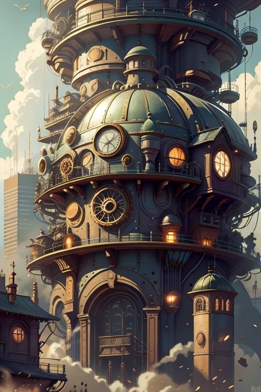 Robot Woman, Master Parts,ter Quality,Realistic,Best shade,delicate,...born,Ultra-high resolution,Surreal Art,Gallery quality work,Official Art,Wallpaper mandatory, thousand,,Ultra-high precision,Visually stunning,A sublime debut,Highest transparency,1 enorme cidade steampunk,High-rise buildings covered by behemoth-like mechanical devices,Show contrasting scenes,A layer of clouds rising haphazardly above the city,巨大なsteampunkの建物,Its surface is covered with complex gears and machinery.,(vision,panoramic,whole body:1.2),(Nas paredes da cidade steampunk,1 soldier in powerful mechanical armor.,Handheld Steam Gunard the safety of the city:1.2), steampunk,airship, Steam Robot,