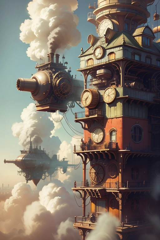 Robot Woman, Master Parts,Better Quality,Realistic,Best shade,delicate,...born,Ultra-high resolution,Surreal Art,Gallery quality work,Official Art,Wallpaper mandatory, thousand,,Ultra-high precision,Visually stunning,A sublime debut,Highest transparency,1 enorme cidade steampunk,High-rise buildings covered by behemoth-like mechanical devices,Show contrasting scenes,A layer of clouds rising haphazardly above the city,巨大なsteampunkの建物,Its surface is covered with complex gears and machinery.,(vision,panoramic,whole body:1.2),(Nas paredes da cidade steampunk,1 soldier in powerful mechanical armor.,Handheld Steam Gun,Guard the safety of the city:1.2), steampunk,airship, Steam Robot,