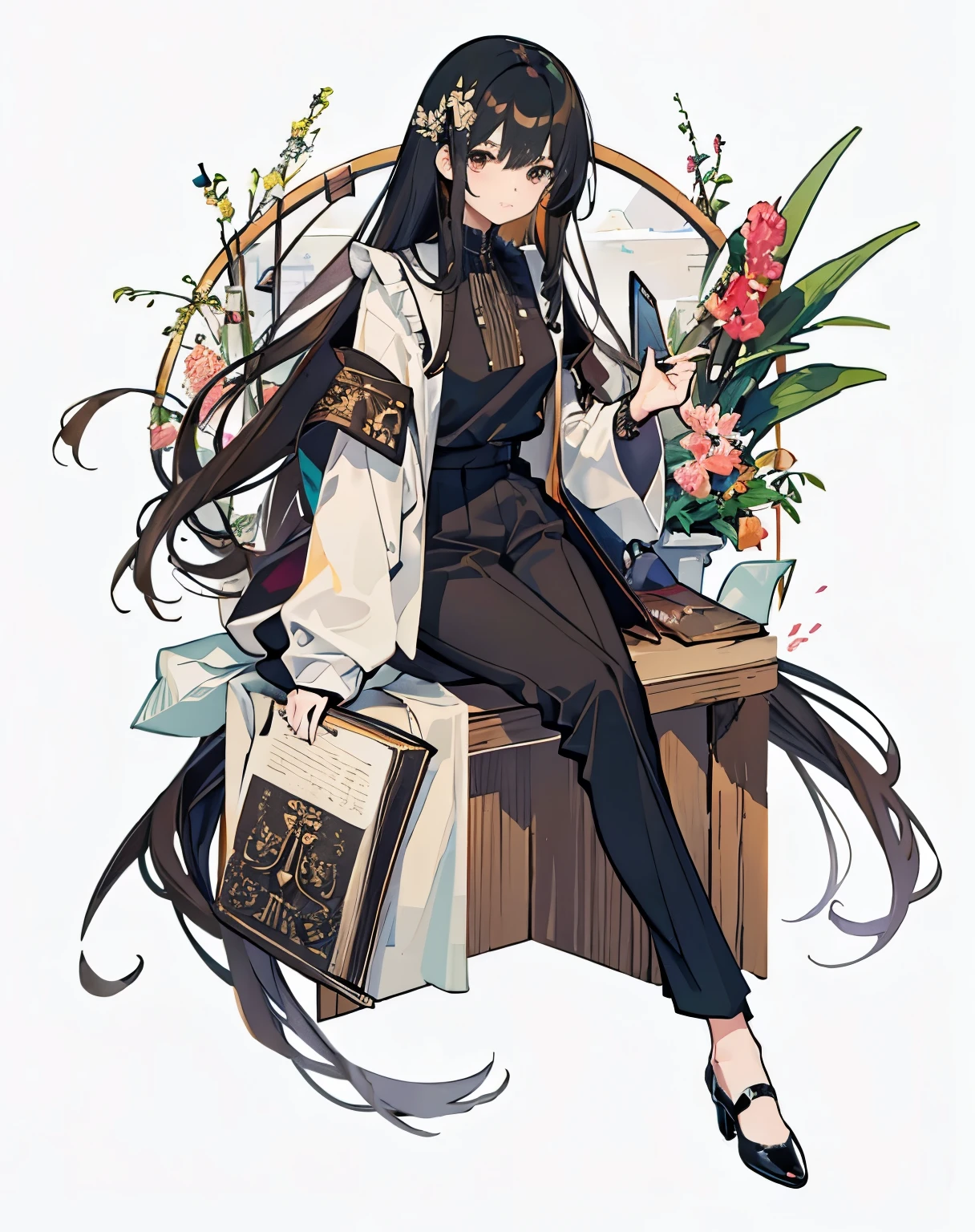 Straight legs、Ribbon at ankle、Black pumps