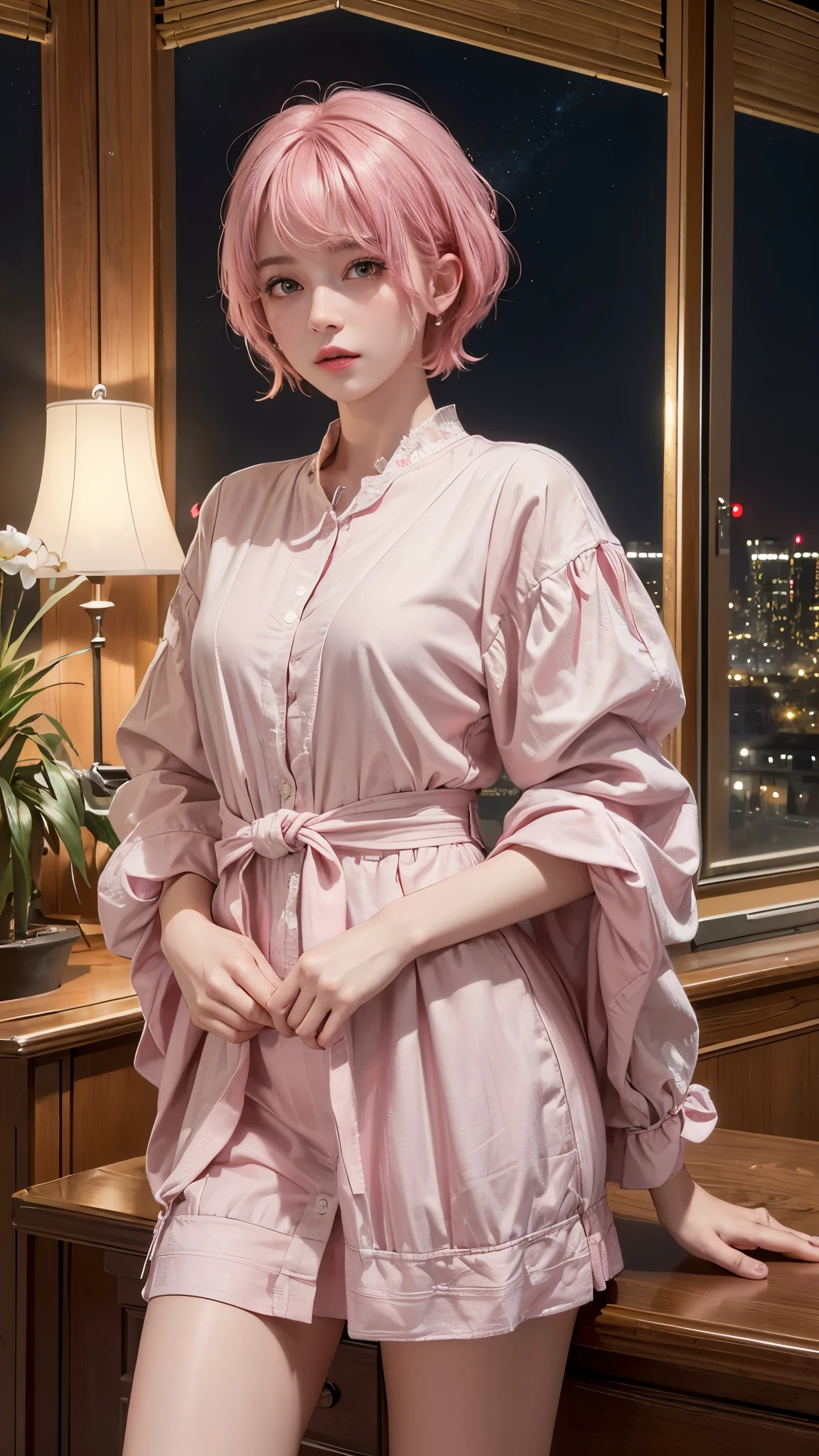 (8k, highest quality, masterpiece: 1.4), Super detailed, highest quality, Ultra-high resolution, Depth of written boundary,(Photorealistic:1.4,RAW shooting,)Ultra-Realistic Capture,(Very detailed,High definition 16k), cute, girl, short hair, Pink Hair, Night view