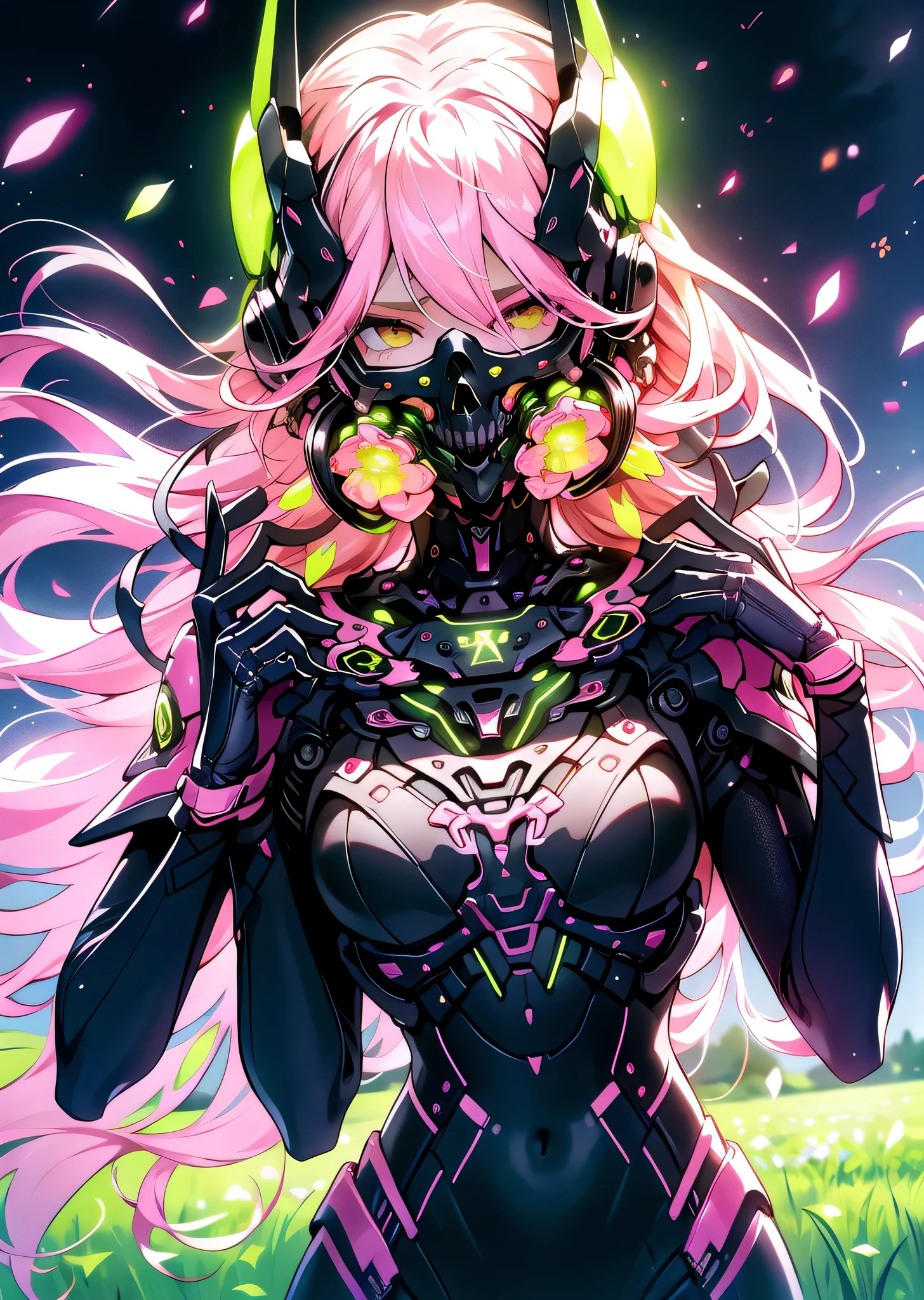 (best quality,highres,masterpiece:1.2),1girl,resting in flower field,pink hair medium hair topknot,glowing eyes,armor,CyberskullAI,illustration,futuristic,ultra-detailed,cyberpunk,floral crown,fantasy armor,digital art,ethereal beauty,sharp focus,cybernetic enhancements,vivid colors,lush vegetation,stunning scenery,luminous atmosphere,neon lights