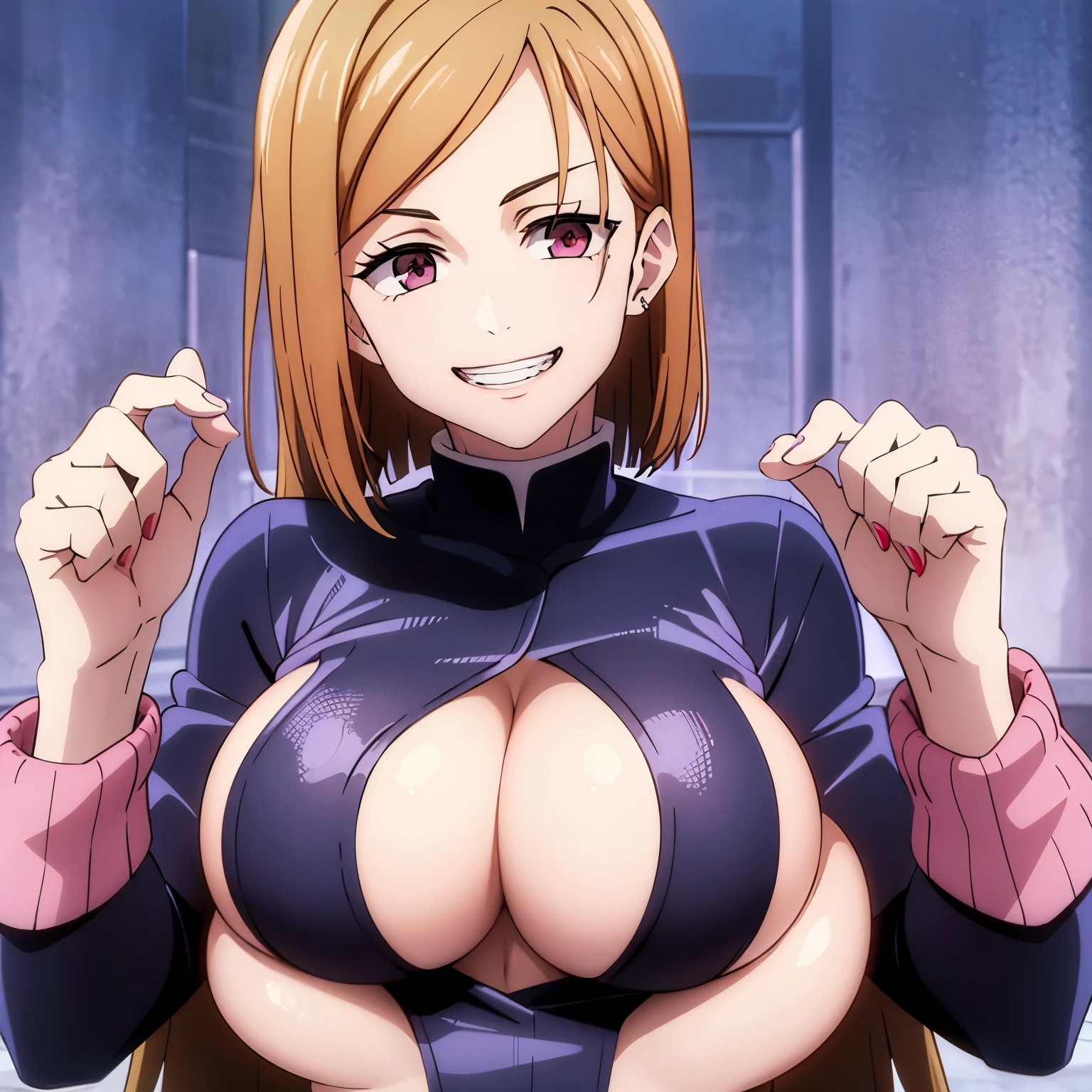 1girl, smile, grin, big breasts, pinky nipples