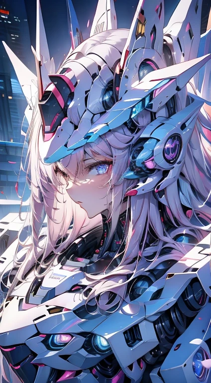 a close up of a robot with pink hair and a white helmet, anime mecha aesthetic, ethereal and mecha theme, anime robotic mixed with organic, detailed digital anime art, mecha asthetic, robot mecha female dragon head, cyberpunk anime girl mech, ferra white mecha, female mecha, detailed anime artwork, white mecha