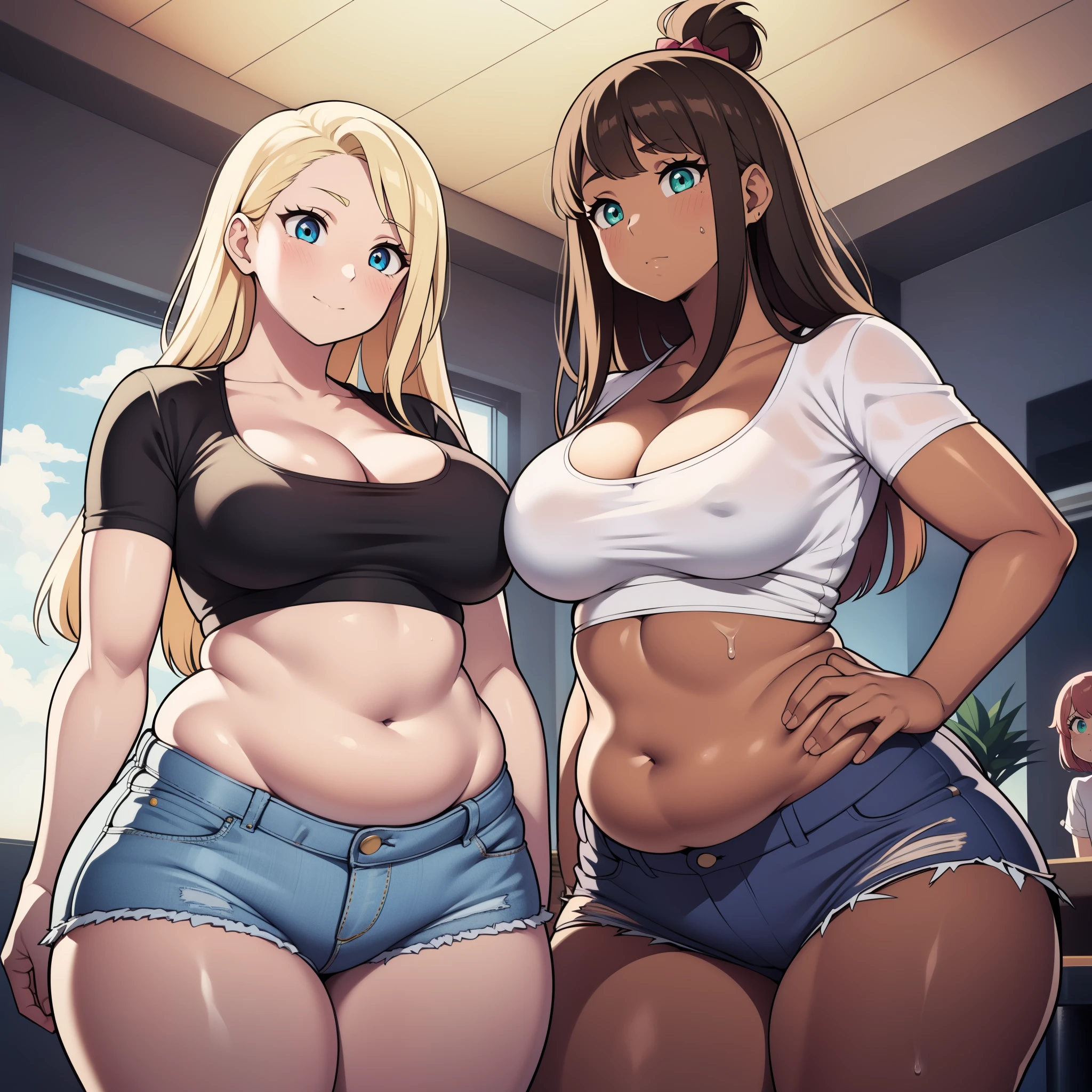 ((highres)), Masterpiece, high quality, best quality, beautiful, perfect lighting, detailed face, ultra cute face, ((2girls)), one girl has blonde hair, blue eyes, crop top and shorts, one girl has brown hair, green eyes, jeans, white shirt, fast food restaurant, cleavage, medium breasts, ((wide hips)), (thick thighs), ((chubby)), pudgy belly, fat folds, standing next to each other,