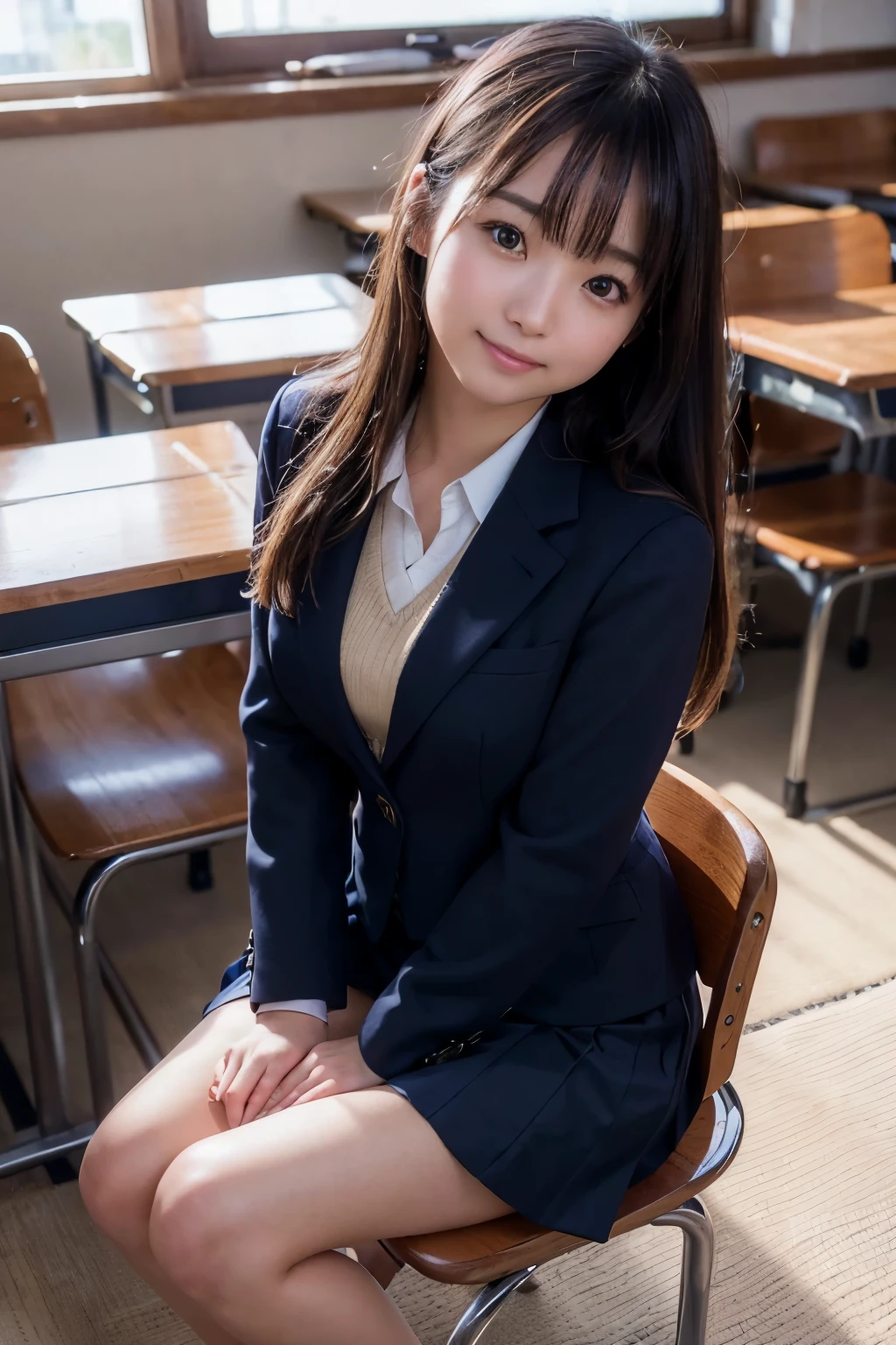 1 girl, best quality, facial focus, soft light, (depth of field), ultra high res, (photorealistic: 1.4), RAW photo, (upper knees: 1.4), (side) 1Japanese girl, solo, handsome, (shy, smile: 1.1), (brown eyes), detailed beautiful face, (long hair), High school classroom, (seated chair), (school uniform: 1.4, navy skirt, navy Blazer)