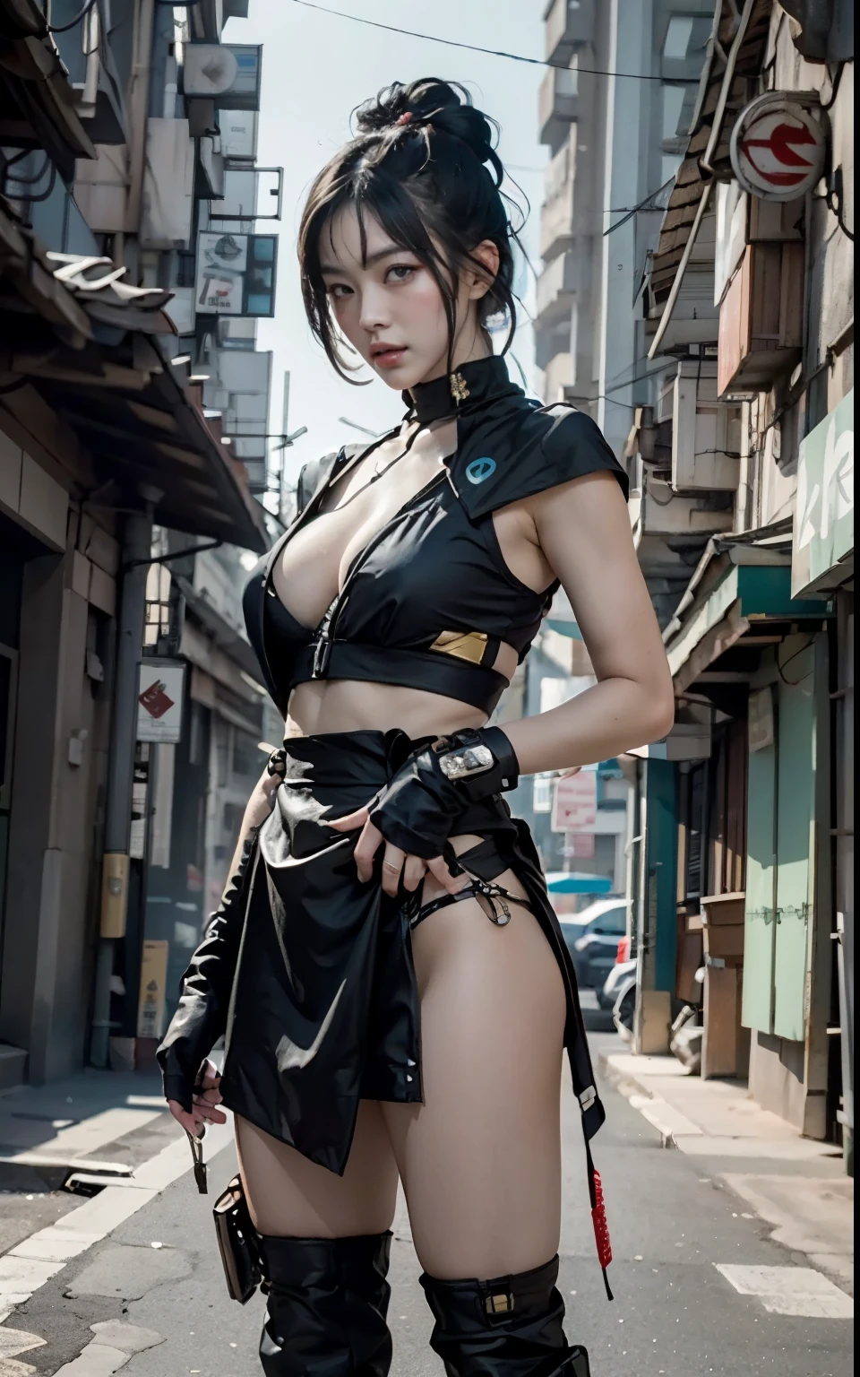 ((Best quality)), ((masterpiece)), (highly detailed:1.3), 3D, beautiful (cyberpunk:1.3) street samurai woman with thick shapeless hair, pistols worn on hips.