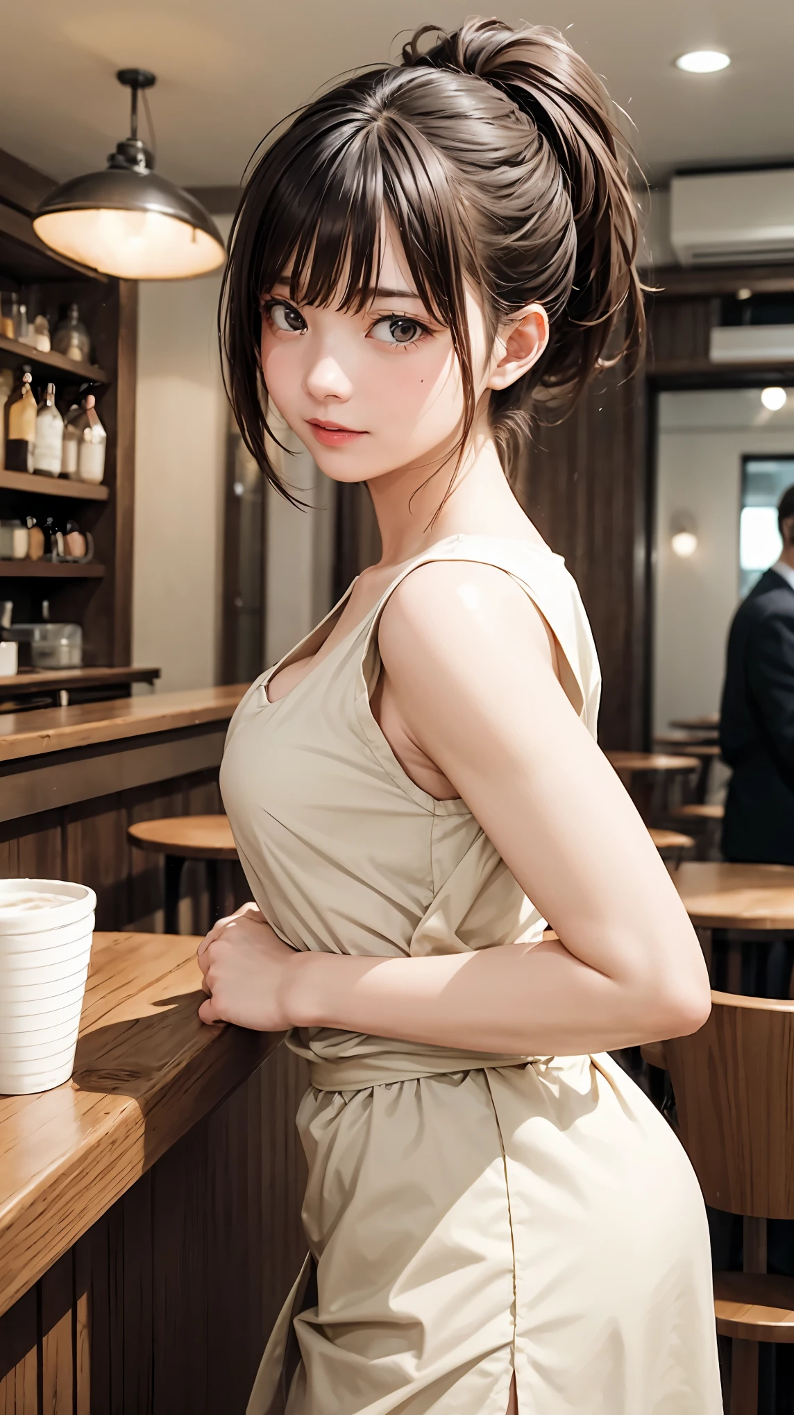 highest quality、4K quality、Man Attacking、A neat and clean cafe waitress turns her back on a man、slender、Small face、Tall 、Man holds woman's chest(1.7)、bar counter、The man presses his hips against the woman(2.0)、Beautiful cleavage、The hem of the skirt is twisted、nude hip