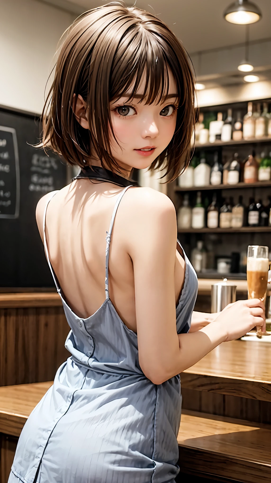 highest quality、4K quality、Man Attacking、A neat and clean cafe waitress turns her back on a man、slender、Small face、Tall 、Man holds woman's chest(1.7)、bar counter、The man presses his hips against the woman(2.0)、Beautiful cleavage、The hem of the skirt is twisted、nude hip