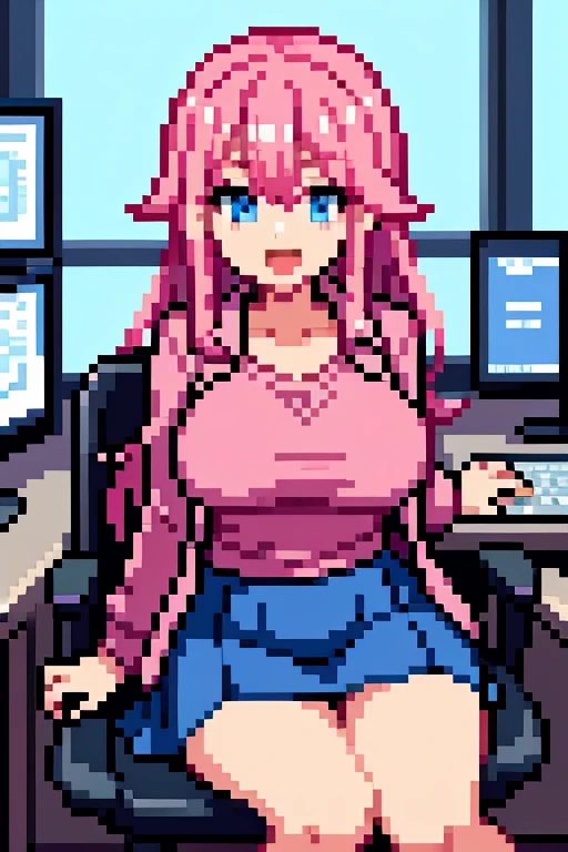 girl, gamer, pink hair, long hair, looking at monitor, sits on chair, laughing at monitor, big breasts, mini skirt, pink jacket, blue eyes, apartment