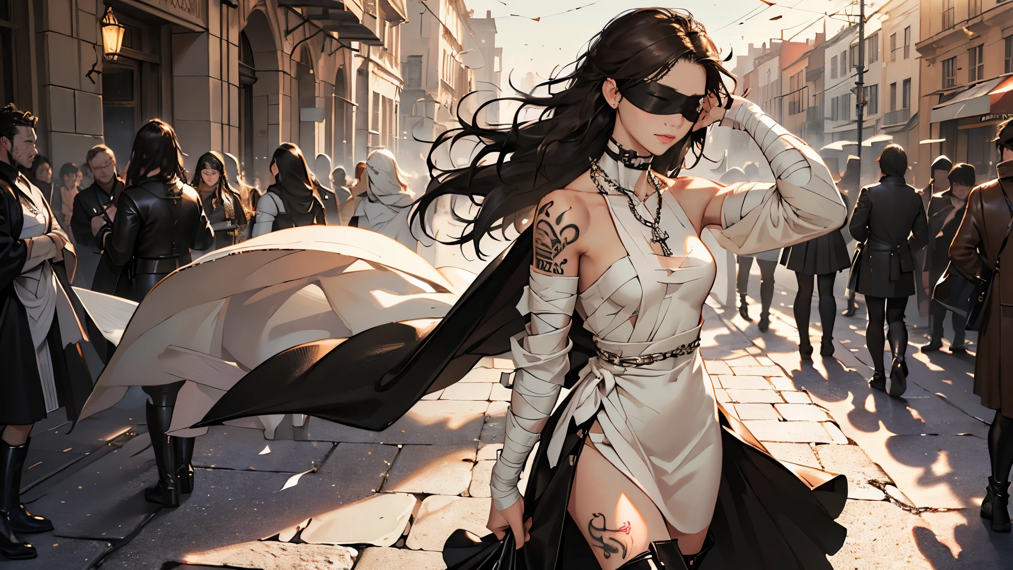 masterpiece, ultra detailed, 8k portrait, RAW photo, portrait photography, highly detailed face, beautiful and meticulous eyes, ((Fantasy)), 1 woman, solo, Young beautiful, standing dynamic pose, (black blindfold:1.5), (((brown long straight hair, forehead))), (tattoo on thigh:1.5), ((slave trader)), armpit, wood necklace, (((long sleeve classic dress and flare skirt))) fluttering in the wind, (bandages wrapped all over the body:1.5), (((leather boots))), (((holding a chain))), Midday Sun, hyper realistic, Body model, small breasts, Beautiful breasts, Long legs, in the medieval crowded street, Ambient lighting, Shadow details, Camera focus on face, strong breeze, Light fog