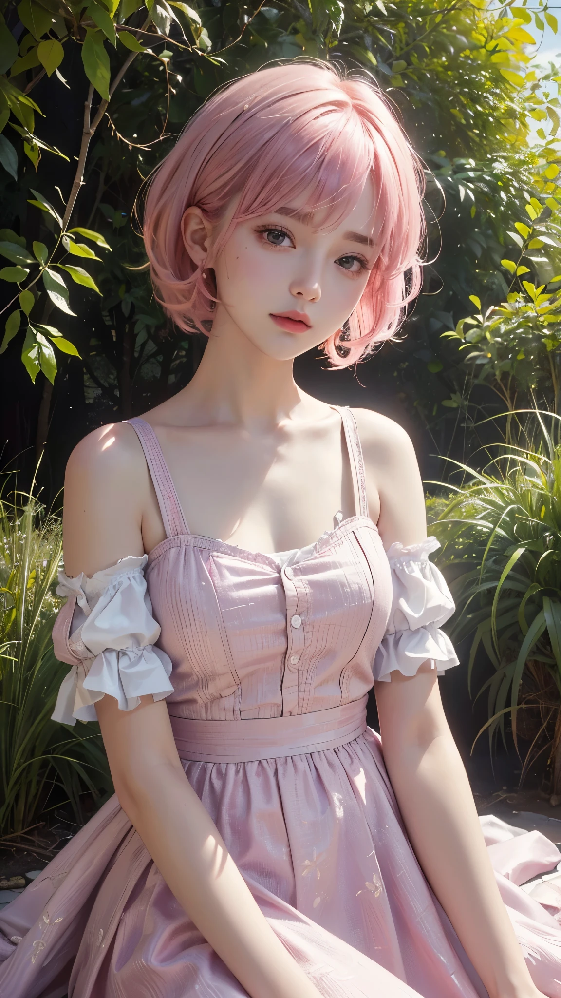 (8k, highest quality, masterpiece: 1.4), Super detailed, highest quality, Ultra-high resolution, Depth of written boundary,(Photorealistic:1.4,RAW shooting,)Ultra-Realistic Capture,(Very detailed,High definition 16k), cute, girl, short hair, Pink Hair, refreshing, clear