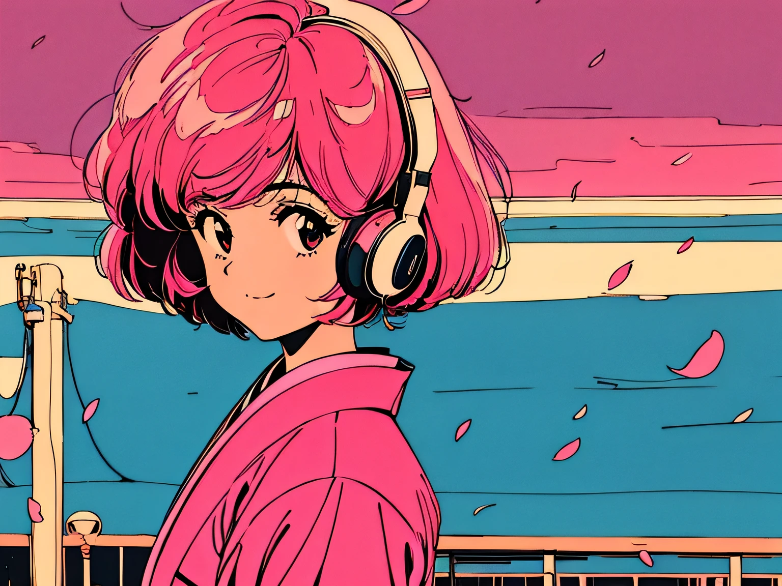 master piece, City Pop style, Pink Hair, fluffy bob cut, wearing headphones, shoulder length, alone, Futuristic, yet, lofi, retro, vintage, Ghost, light smile, cherry blossoms, ((kimono))
