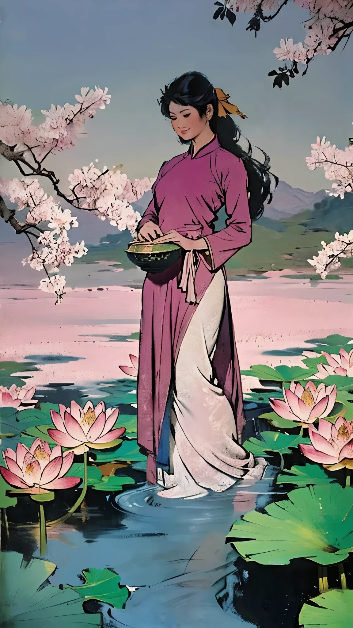 Ink painting depicting a scene under a sunny sky. In this serene setting, a beautiful Asian woman, dressed in a traditional Vietnamese ao dai, is standing amidst blooming pink lotus flowers. The scene is bathed in vivid colors, reflecting the radiance of the sun and the vibrancy of the flora.