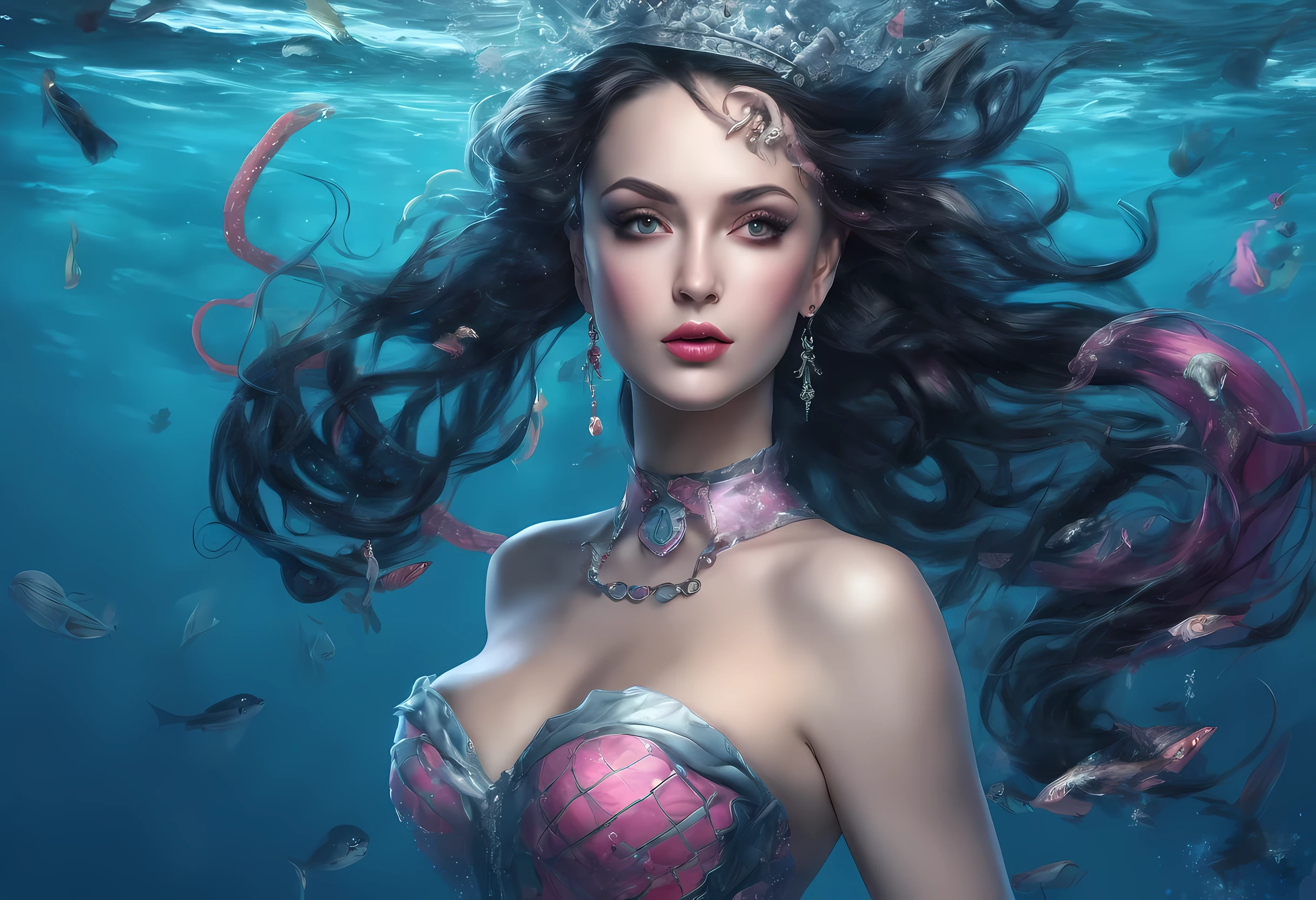 split shot picture, a pin up picture of goth (female: 1.4) as a dominatrix sea queen (best details, Masterpiece, best quality :1.5), ultra detailed face (best details, Masterpiece, best quality :1.5), ultra feminine (best details, Masterpiece, best quality :1.5), wearing latex pink bikini , pink stockings, pink high heels, she has gills, long braided hair, hair pulled back, blond hair, underwater background (best details, Masterpiece, best quality :1.5), rich sea plants, ultra best realistic pictures , best details, best quality, 16k, [ultra detailed], masterpiece, best quality, (extremely detailed), ultra wide shot, photorealism, depth of field, hyper realistic painting, 
