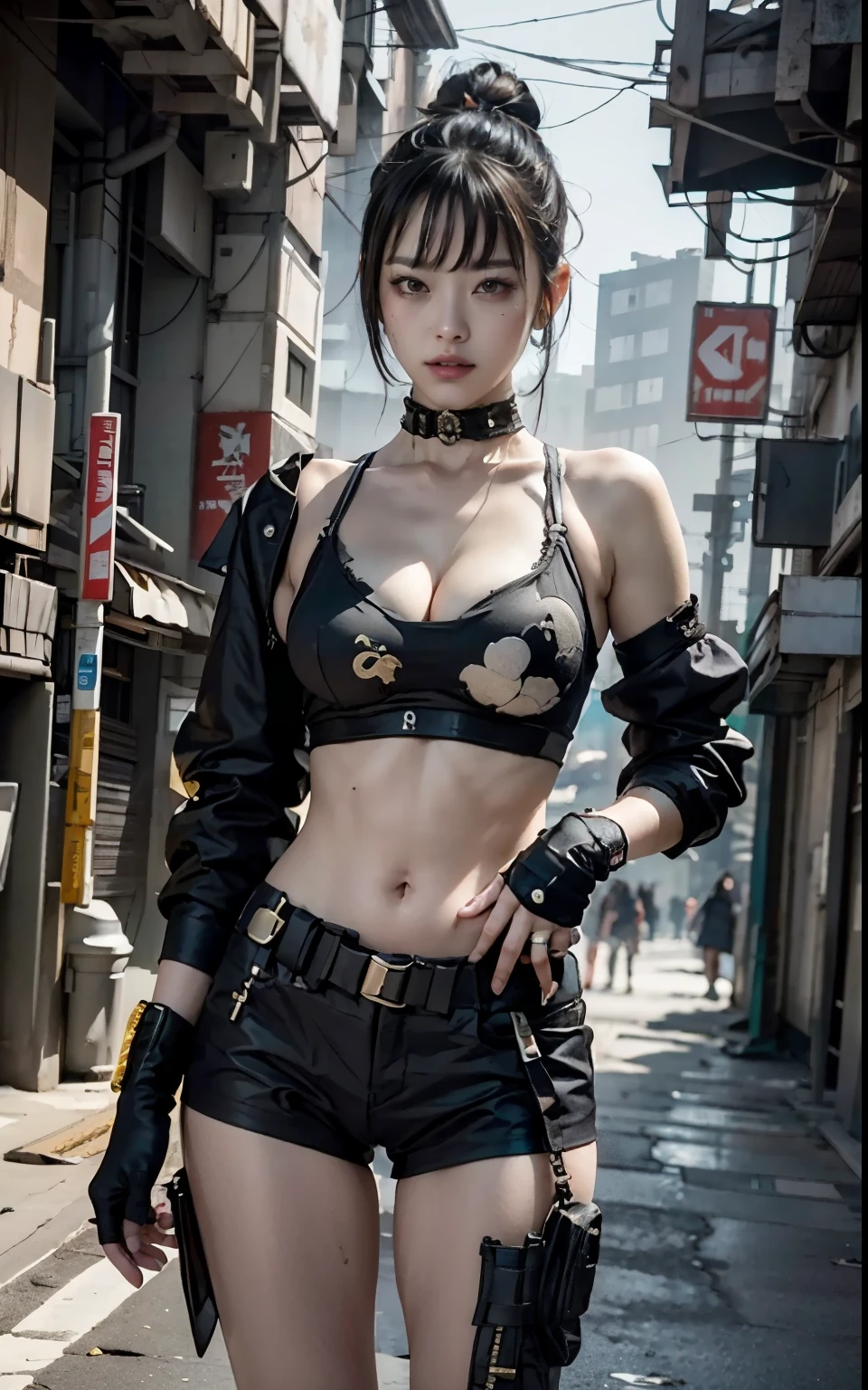 there is a woman with small breasts in a corset and a black and white outfit, with Fishnet on covered breasts, no cleveagewearing techwear and armor, cyberpunk outfit, wearing japanese techwear, intriguing outfit, all black cyberpunk clothes, cyberpunk style outfit, female cyberpunk anime girl, cyberpunk streetwear, cyberpunk dress, anime girl cosplay, photograph of a techwear woman, cyberpunk anime girl, wearing cyberpunk streetwear, maid outfit