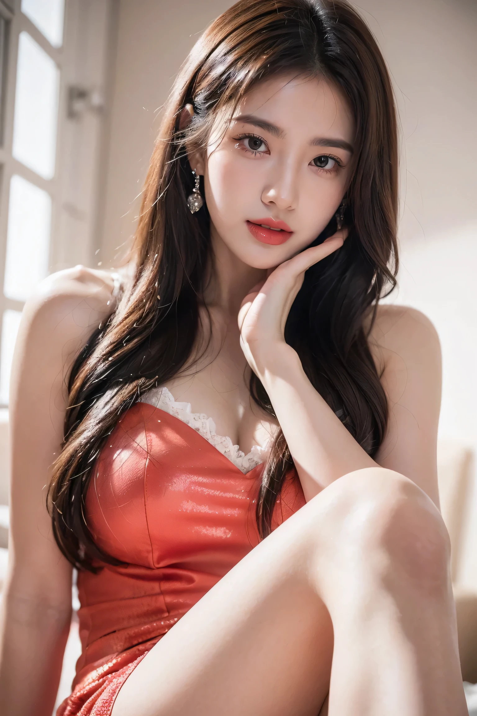 Top CG, Highest image quality, masterpiece, Gentle and beautiful girl, (185cm美女), (fit), Imperial sister, Queen temperament, White skin, ((Long legs)), perfect facial features, Bright Eyes, Seductive pose, Red lips, Beautiful and cold (A major breakthrough)), Beautiful and heroic, Soft and long hair, Glittering, Lace, net, Visible through clear skin, wear glasses, Diamond Earrings, Pink dress), 8K Image Quality, (Realistic Portraits), Characters fill the screen, (Facial lighting), ((eternal)