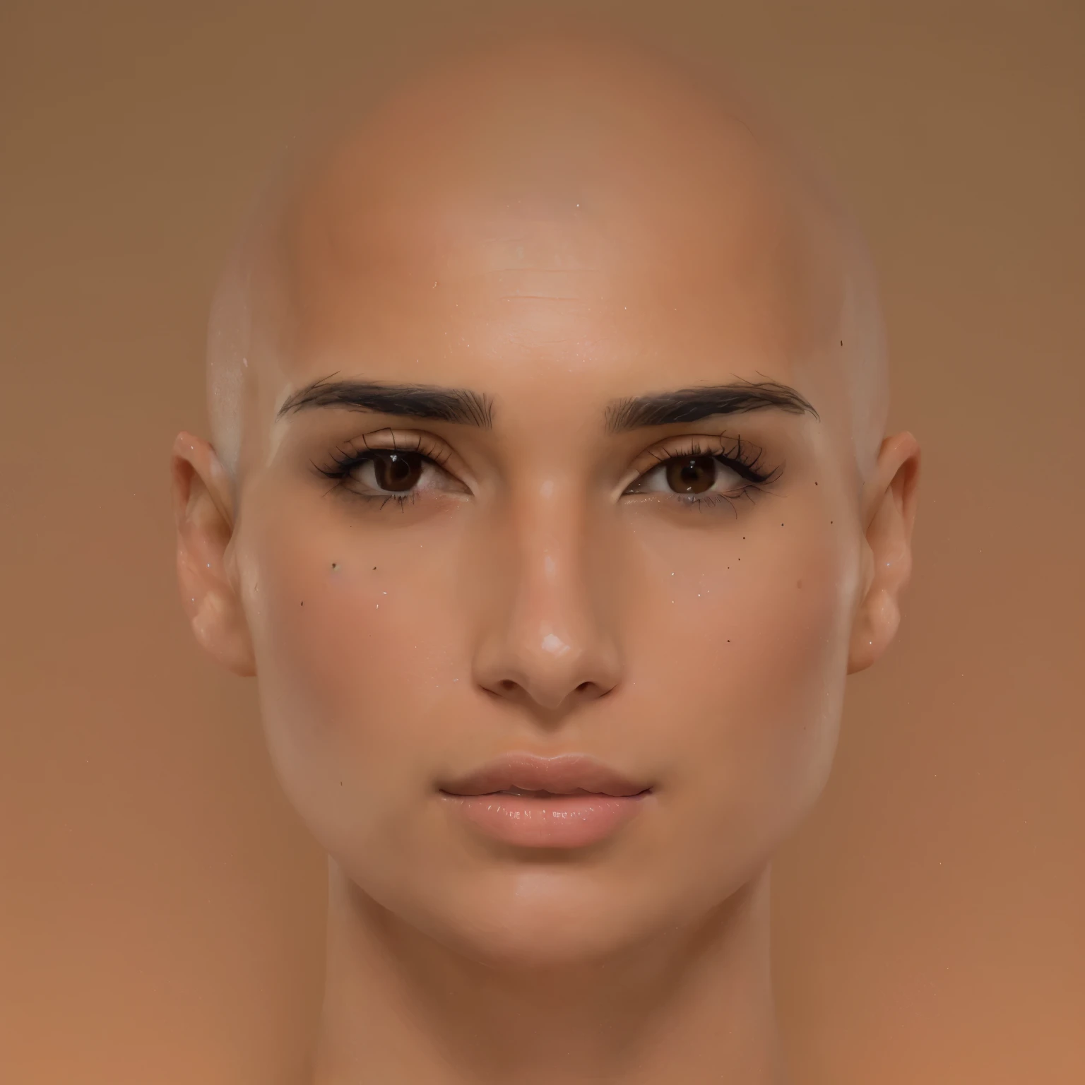 ultra realistic arafed image of a mexican woman with a bald head and a shaved face, face like gal gadot, symmetric portrait, symetrical face, hybrid of gal gadot, face very realistic, extremely realistic face, face morph, perfect symmetric face, realistically rendered face, symmetrical face, full face close up portrait, human face realistic, symetrical portrait