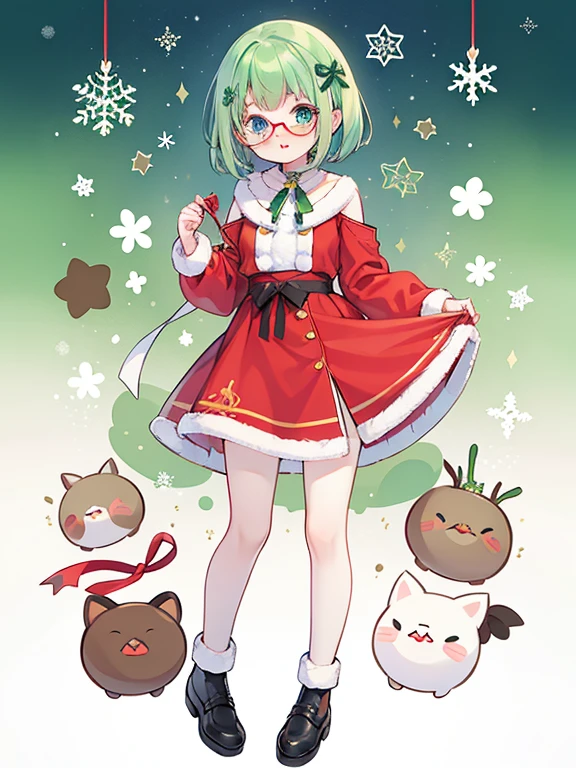 cherry wood , Smile, (Small breasts), (Deep blue eyes), (Pale green hair, short hair, forehead, Braids), (Red half frame glasses),((《K.O.Little Boxer》Chara)), Green and red clothing with fuzz, warm, Christmas tree, Ribbon, Knitted open-front dress, Ribbon Tie, 《K.O.Little Boxer》Chara, Full Body Esbian, masterpiece, Ultra-high quality。