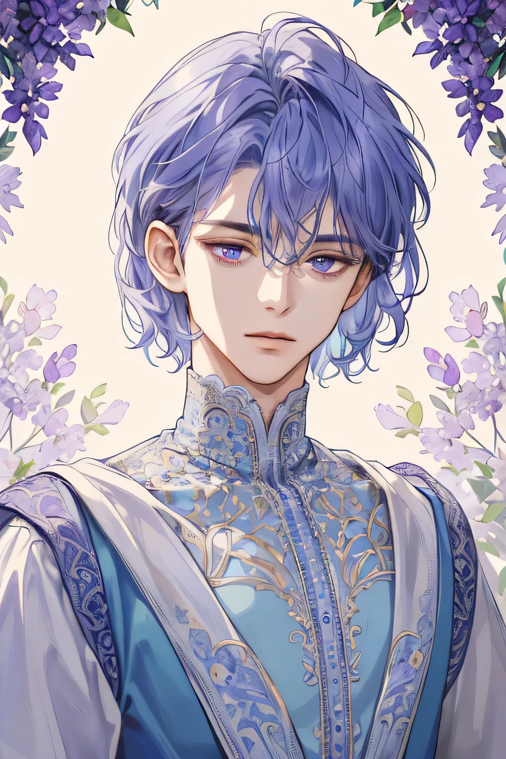 (extreamly delicate and beautiful:1.2), 8K,(masterpiece:1.0),(best_quality:1.0), 1boy, and intricate detailing, Enlarged textures, and intricate detailing, finely eye and detailed face, and intricate detailing, blue curls short hair, (closed mouths), Perfect eyes, Equal eyes, lilac purple eyes (A male god)