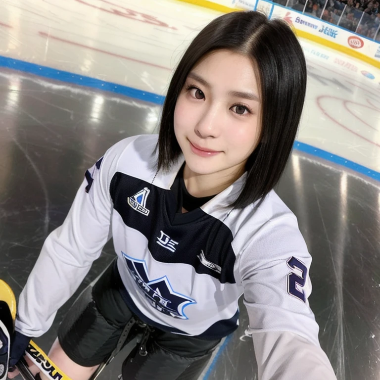 (kawaii 24year-old Japanese girl, Nogizaka idol, Korean idol), female ice hockey player, (glossy black hair, very short hair:1.3), (rounded face, black eyes, single eyelid, no makeup, soft smiling:1.2), (wearing long sleeved ice hockey jersey:1.5), ice hockey gloves, ice hockey helmet, (flat chest, extra small breasts:0.8), (looking at viewer:1.2), BREAK, (skating at ice skate arena:1.3), (view from side, angle from above, close shot, face focus:1.3), BREAK, (masterpiece, best quality, photo realistic, official art:1.4), (UHD, 8K quality wallpaper, high resolution, raw photo, golden ratio:1.3), (shiny skin), professional lighting, physically based rendering, award winning, (perfect anatomy, highly detailed skin, extremely detailed face and eyes:1.2), Carl Zeiss 85 mm F/1.4, depth of field, 1girl, solo, nhl player, national hockey league player,