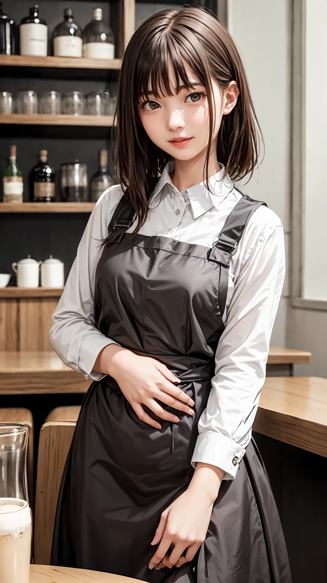 highest quality、4K quality、Molestation Man、A neat and tidy cafe waitress in ecstasy、slender、Small face、Tall 16 years old、Man holds woman's chest(1.7)、bar counter、The man presses his hips against the woman(2.0)