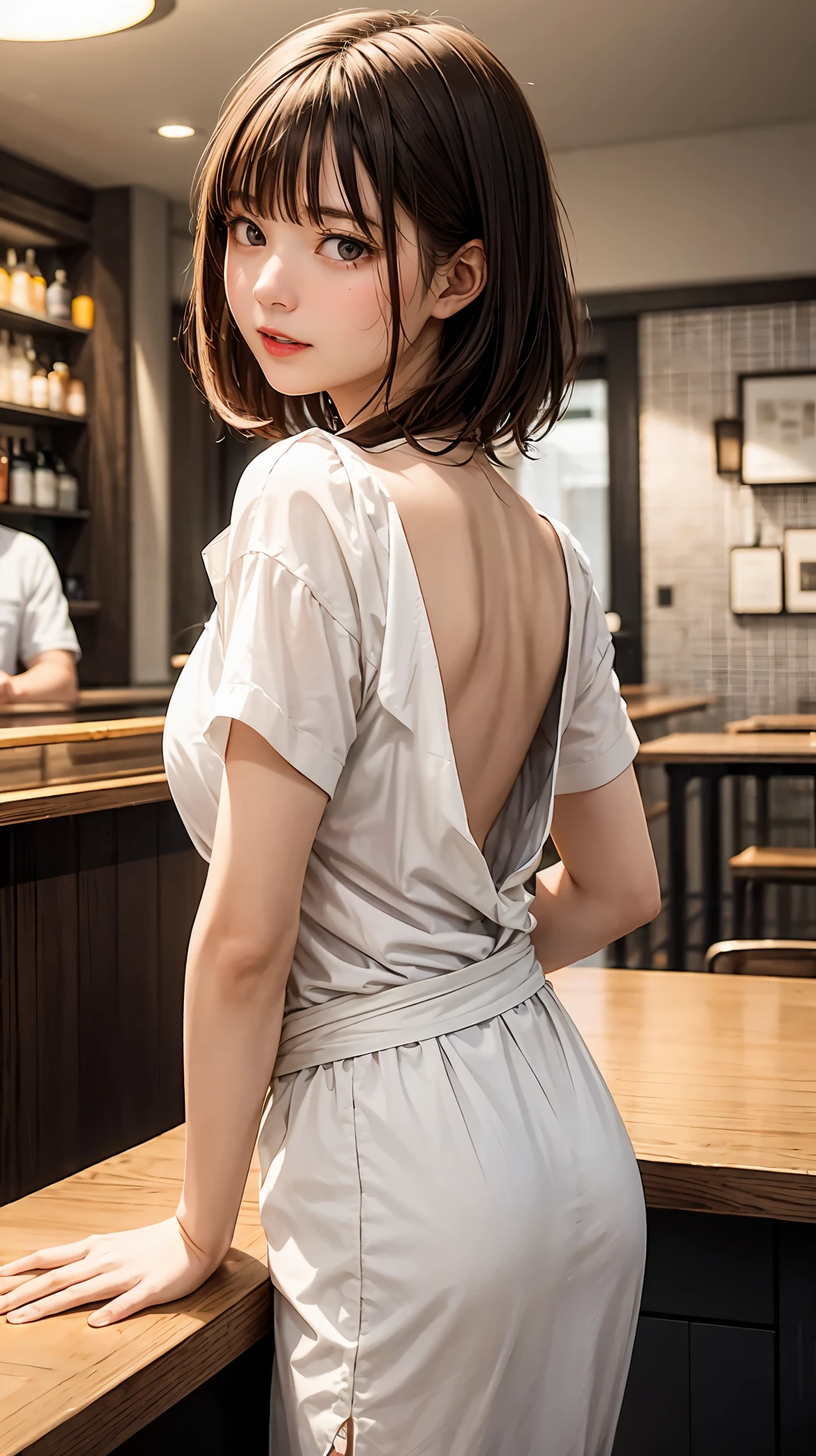 highest quality、4K quality、Man Attacking、A neat and clean cafe waitress turns her back on a man、slender、Small face、Tall 、Man holds woman's chest(1.7)、bar counter、The man presses his hips against the woman(2.0)、Beautiful cleavage、The hem of the skirt is twisted、nude hip