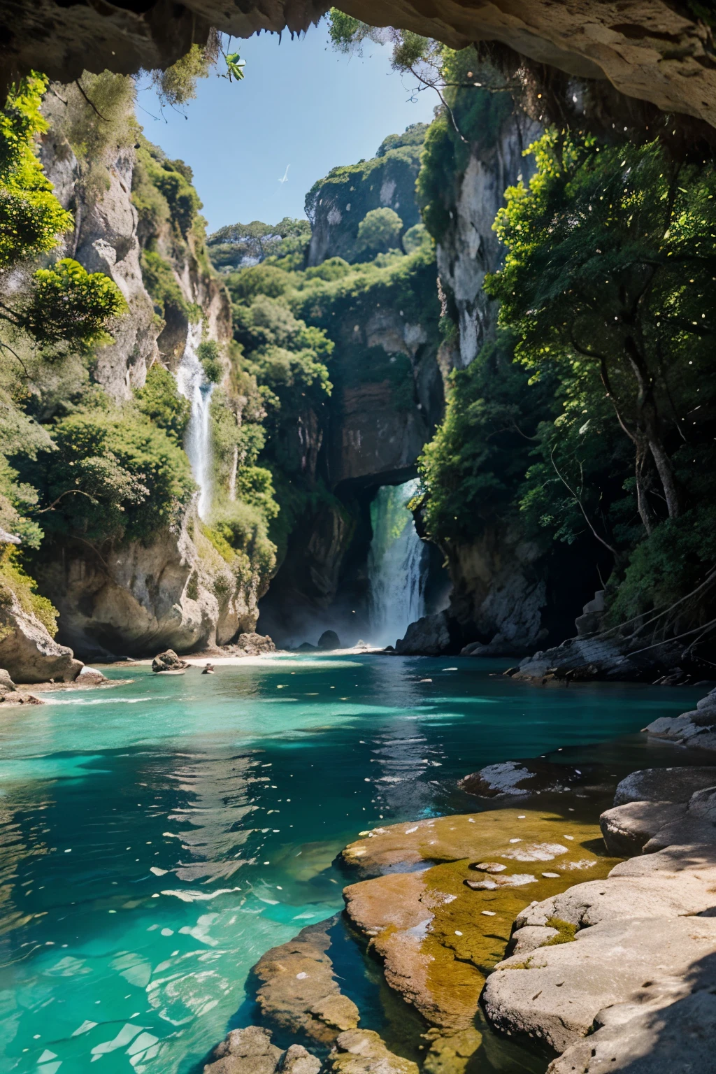 create a captivating view from within a cave, looking out towards a vibrant coastal landscape.
The turquoise waters flow gently over rocks, forming small, serene waterfalls that merge with the sea.
Rays of sunlight filter through the cave’s opening, casting a soft glow on the water’s surface and revealing its crystal-clear quality.
The rocky shores are adorned with patches of green mosses or grasses, indicating a thriving ecosystem amidst the stones.
In the distance, towering cliffs covered in lush greenery stand tall against the backdrop of clear blue skies.
A few birds can be seen soaring in the sky, adding a dynamic element of life to this tranquil setting.
It’s a scene that captures the beauty and tranquility of nature, inviting the viewer to pause and appreciate the harmony between land, water, and sky.
