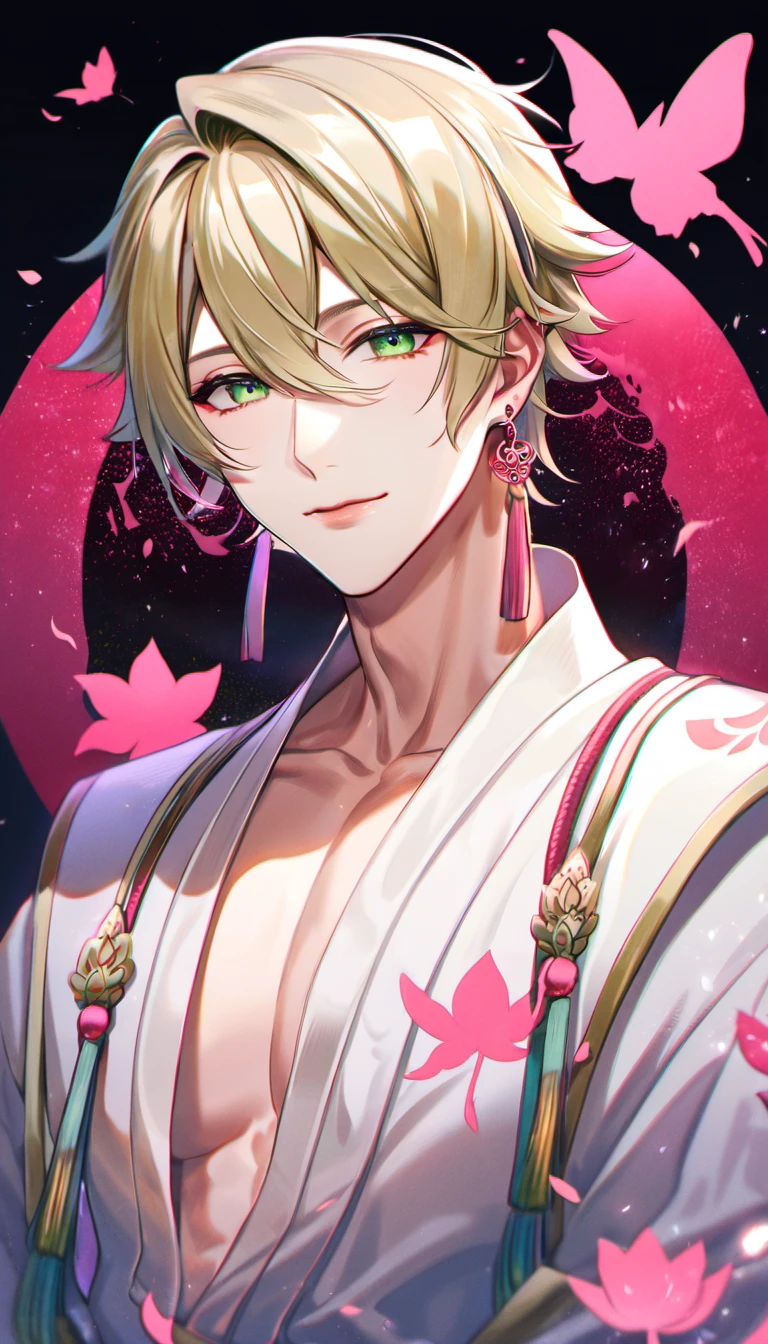 (absurdres, highres, ultra detailed, HDR), master piece, best quality, perfect face, delicate features, vibrant green eyes, solo, man, handsome, Taishakuten, ash-blond hair, hair between the eyes, white tunic, showing the chest, lotus earrings, onmyoji, pink moon, pink flames, pink petals, pink butterflies