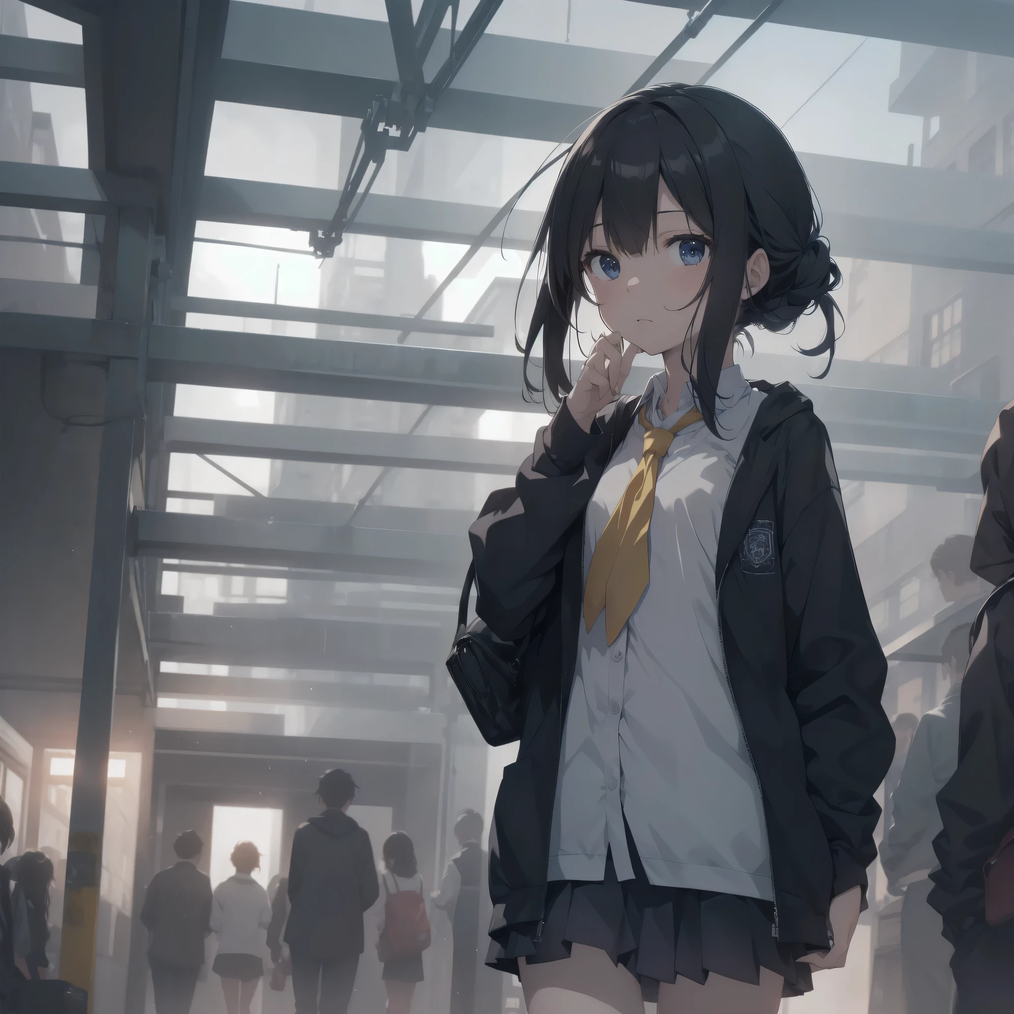 ultra-absurdres-Top quality by artist God, ultra-detailed, high resolution, anime moe artstyle, best anime 8k konachan wallpaper, pixiv contest winner,pool:2810, perfect anatomy,break, 1girl, (Please draw a girl walking sleepily to school alone. )break,(Solo,little female, 13-year-old:1.3),Full limbs, complete fingers,a junior high school student, (very short hair), short cut, flat chest, , small butt, small black eyes, beautiful detailed eyes, well-proportioned iris and pupils, expressive eyes, highres detailed hair, soft expression, school_uniform, official_alternate_costume, neckerchief, collared shirt. pleated skirt,(Detailed Lighting), (Detailed background), in the School commute route. break,super detailed skin, Best cinematic lighting powered by famous artist, 8k,beauty illustration,photoshop_(medium),very aesthetic,break,((artist:hara_(harayutaka) )), artist:bolze ,artist:oyari_ashito ,artist:kantoku ,