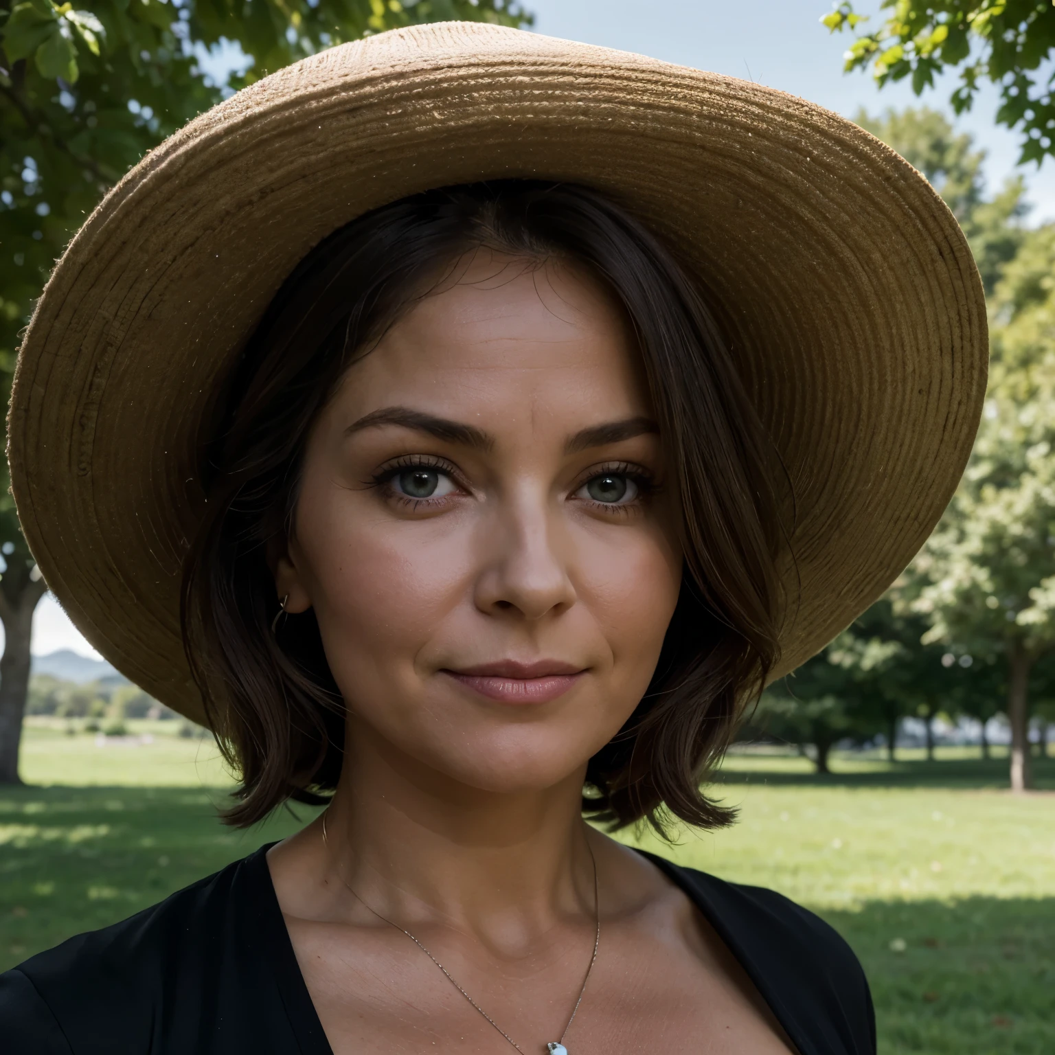 45 ans,(Une MILF:1.2), un regard captivant, yeux verts,  robe moulante noire, sur Ornella Muti, ((45 ans))(8k, High resolution, Ultra-quality, A quality of&#39;image ultra élevée, Ultrarealistic, best quality:1.2) (gros seins en bonnet D:1.1),, eyes visible through the hair, with brown black hair, bobbed hair, bonne position des yeux, cinematic light, Soft light, lombes,, detailed color background, Convoluted, Very detailed, 8k, Overall Silhouette, posant professionnellement dans le parc public, En regardant directement la caméra, Souriant