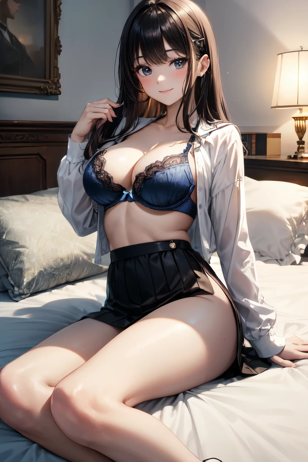 very cute and beautiful girl,(highly detailed beautiful face),white blouse,(open clothes,laced white bra:1.13)
BREAK lying on bed sheet,(from above:0.8),spread legs,(smile),looking at viewer,pleated navy blue mini skirt
BREAK antique hotel bedroom,gorgeous furnitures,black hair,
(best quality,masterpiece:1.0),absurdres,highres,ultra-detailed,extremely detailed,32k,8k resolution,
intricate details,cinematic scene,