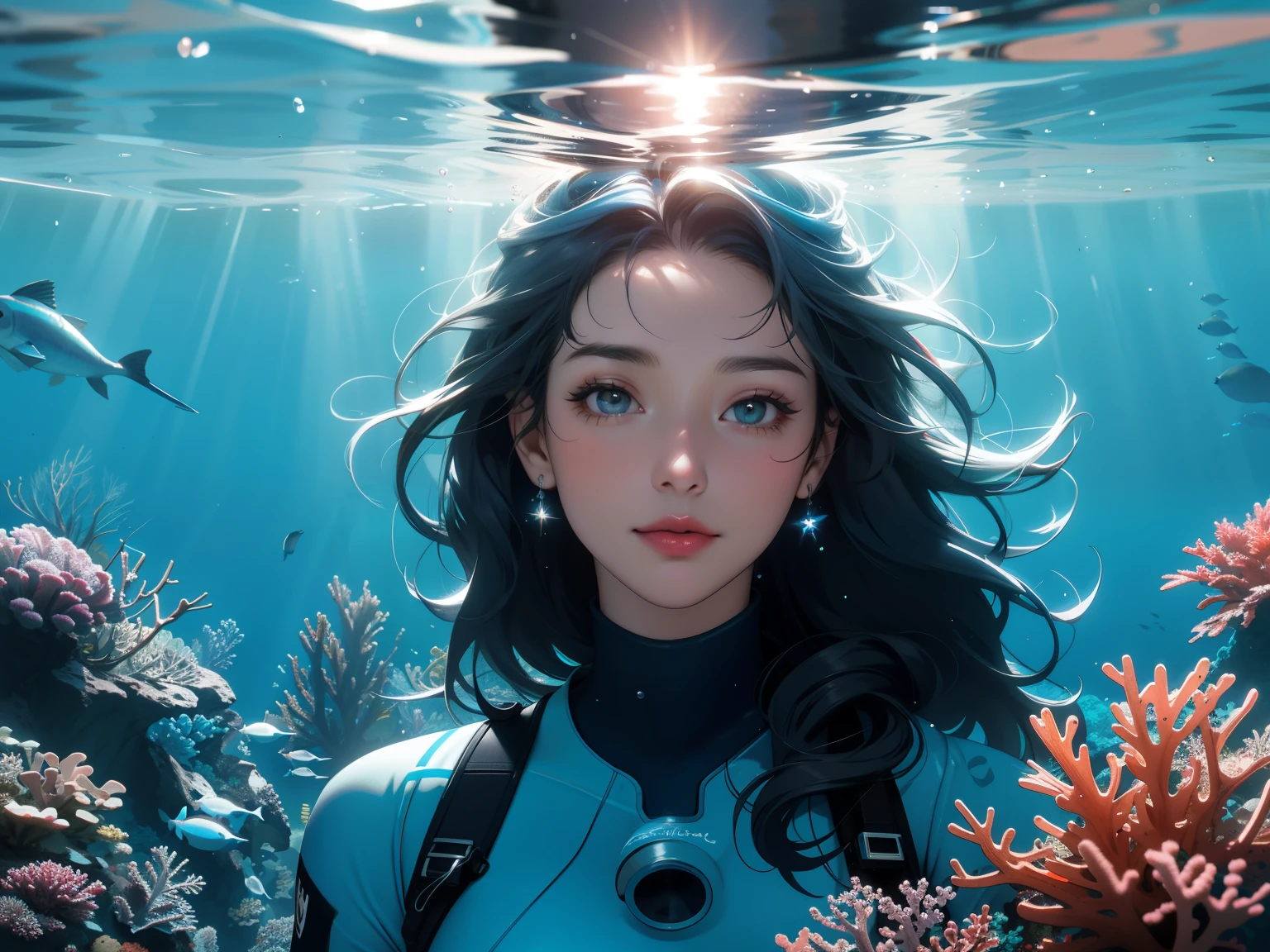 a beautiful woman diving,best quality,realistic,underwater,deep blue water,clear water,detailed bubbles,sunlight filtering,rippling waves,serene expression,wavy hair,diving suit,wet hair,goggles,peaceful underwater scene,professional photography,shimmering scales,vibrant corals,sea plants,rays of light,weightless,beautifully lit,graceful movement,calm and tranquil ambiance,sunken ship wreck,marine life,diving adventure,scuba diving,exploring the depths,adventure sports,deep-sea exploration,crystal clear visibility,slices of sunlight,submerged beauty,underwater paradise,mesmerizing views,experiencing the marine world,breathtaking landscapes,dreamlike atmosphere,atmosphere,portraits,concept artists, soft lighting, high contrast, intricate details, volumetric lighting, (dynamic composition:1.1), highly detailed, colorful details, glowing lighting, atmospheric lighting, dreamy, magical, solo, lens flare, colorful, Cinematic light, high-res, sharp focus, smooth, colorful light, particles, galaxy colors schemes