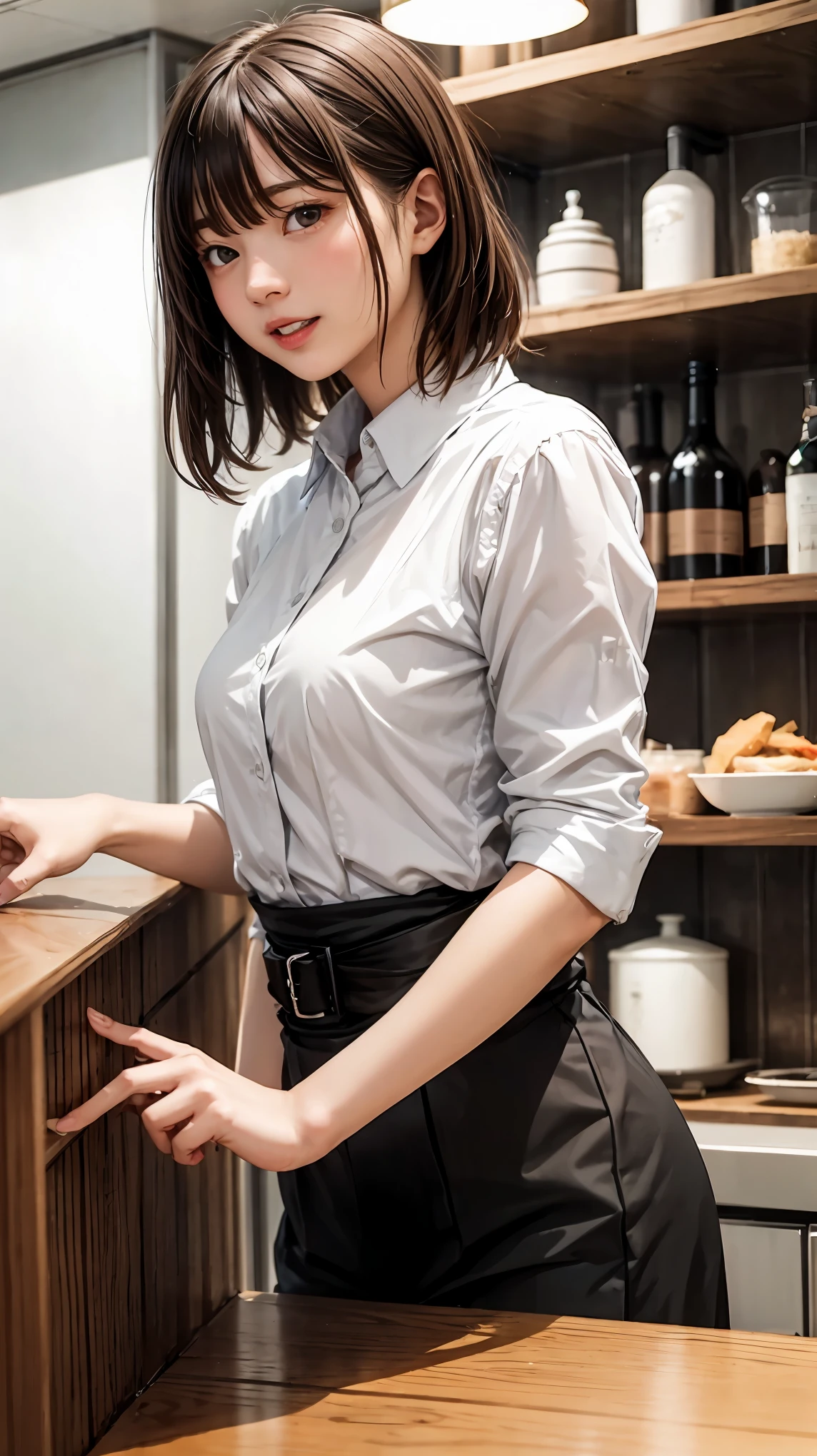 highest quality、4K quality、Man and woman in love、A neat and clean cafe waitress climaxes、slender、Small face、Tall 16 years old、Man holds woman's chest（1.7）、bar counter、The man presses his hips against the woman（2.0）