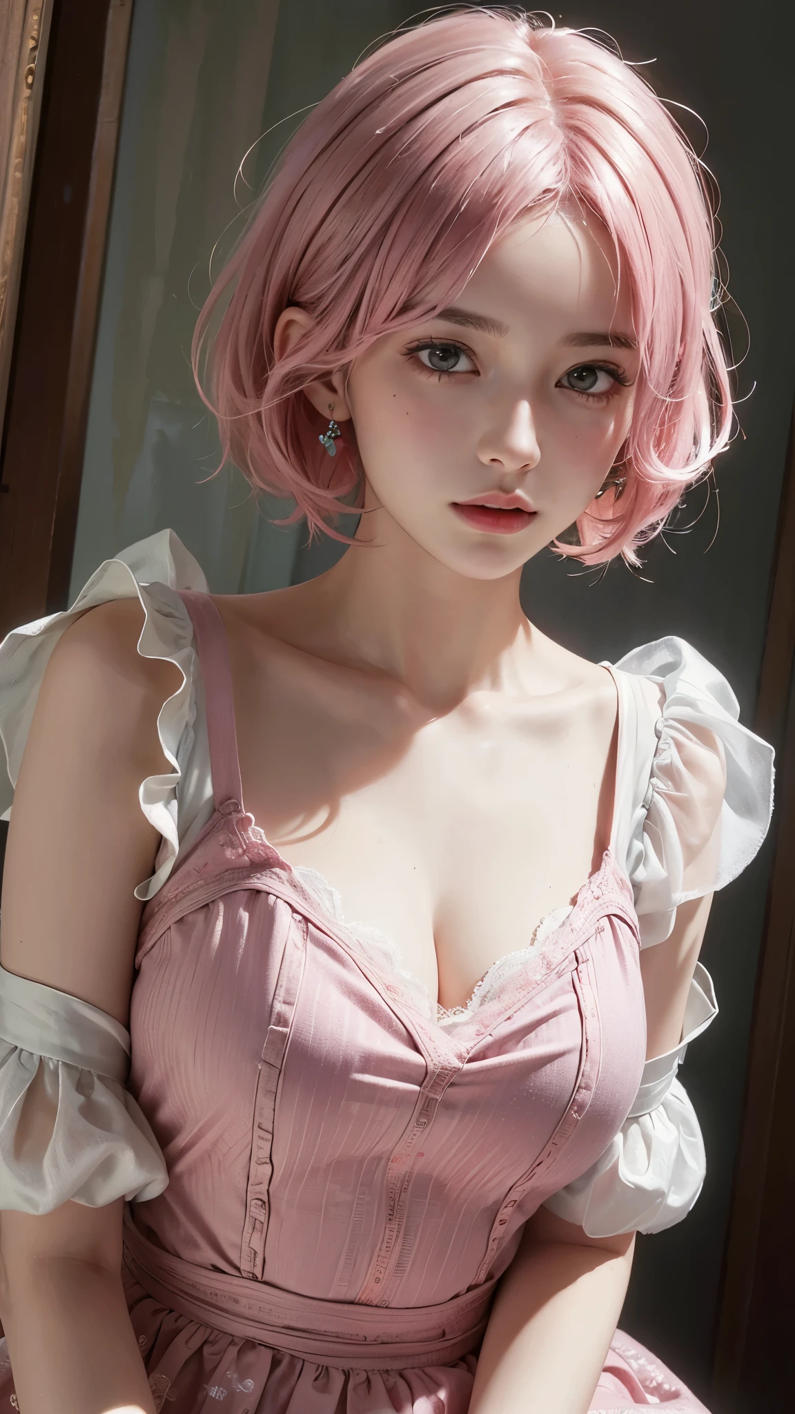 (8k, highest quality, masterpiece: 1.4), Super detailed, highest quality, Ultra-high resolution, Depth of written boundary,(Photorealistic:1.4,RAW shooting,)Ultra-Realistic Capture,(Very detailed,High definition 16k), cute, girl, short hair, Pink Hair, Europe