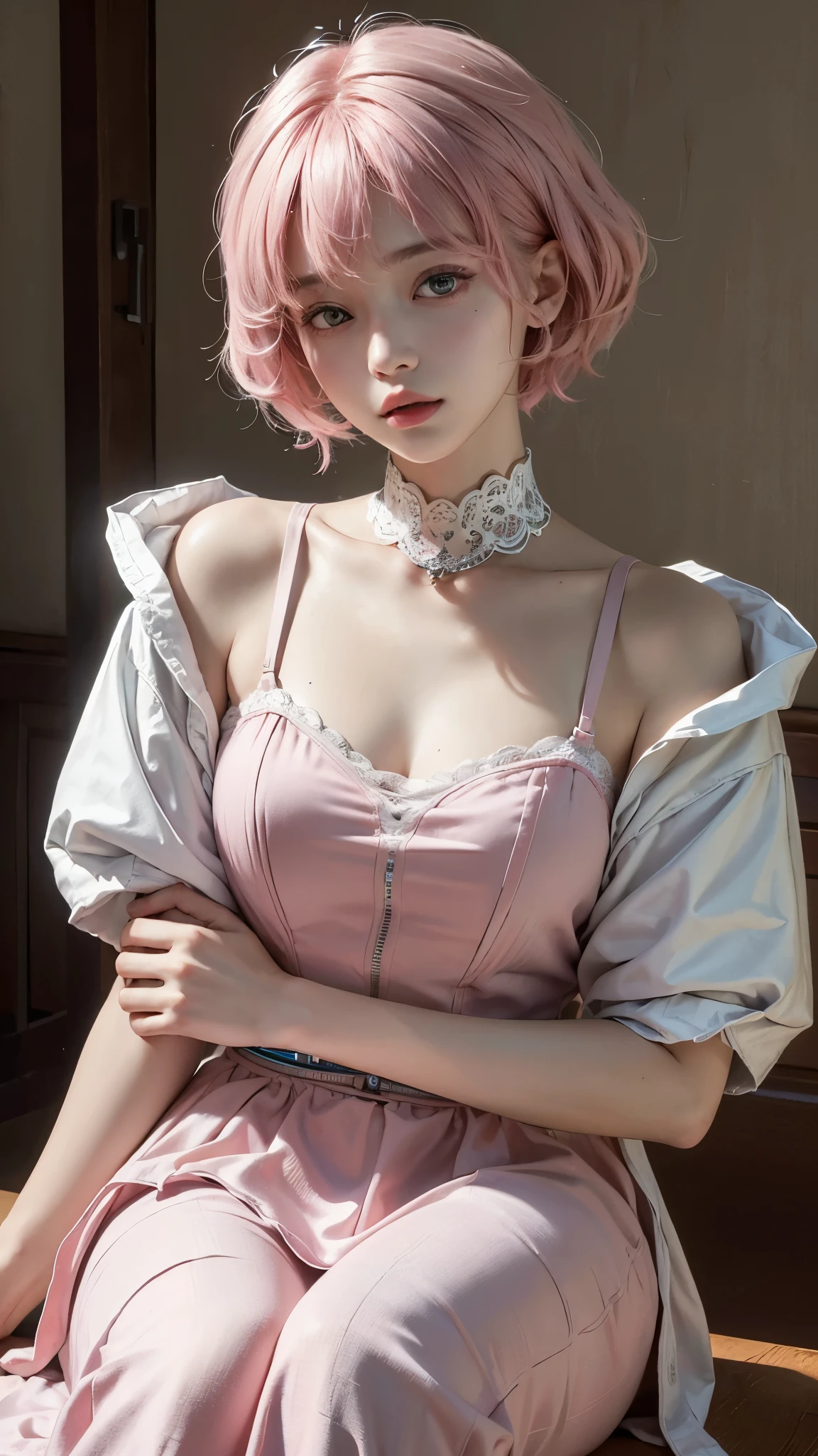 A cute with pink lips, wearing a bright white shirt, black leather shoes, white gloves, white socks, pastel palette aurora punk style, anime illustration of her face, charming sketch, smooth shiny, hazy romanticism