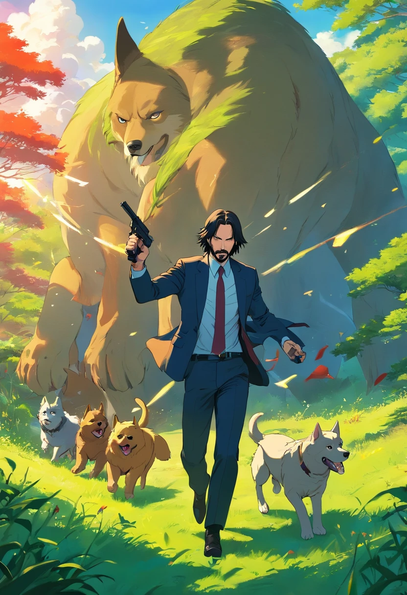 John Wick fighting in the countryside, by Studio Ghibli,starring Keanu Reeves,