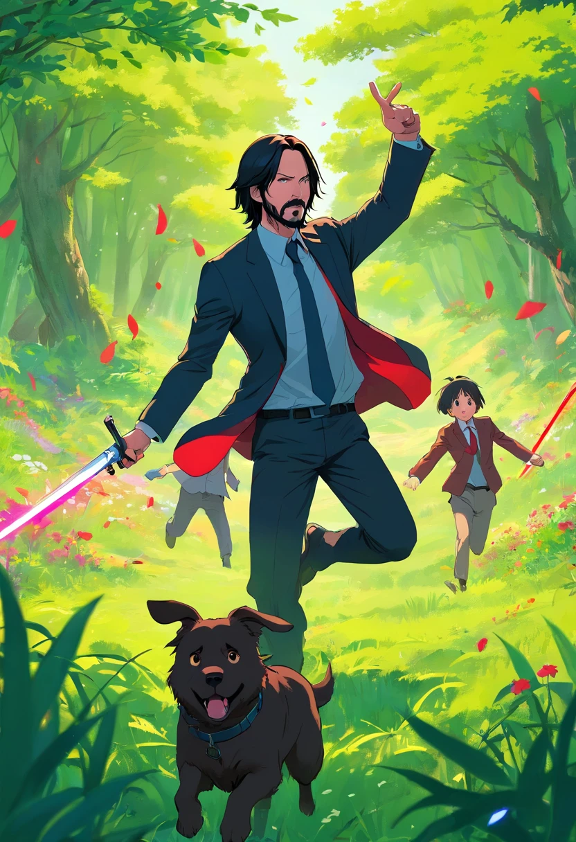 John Wick fighting in the countryside, by Studio Ghibli,starring Keanu Reeves,