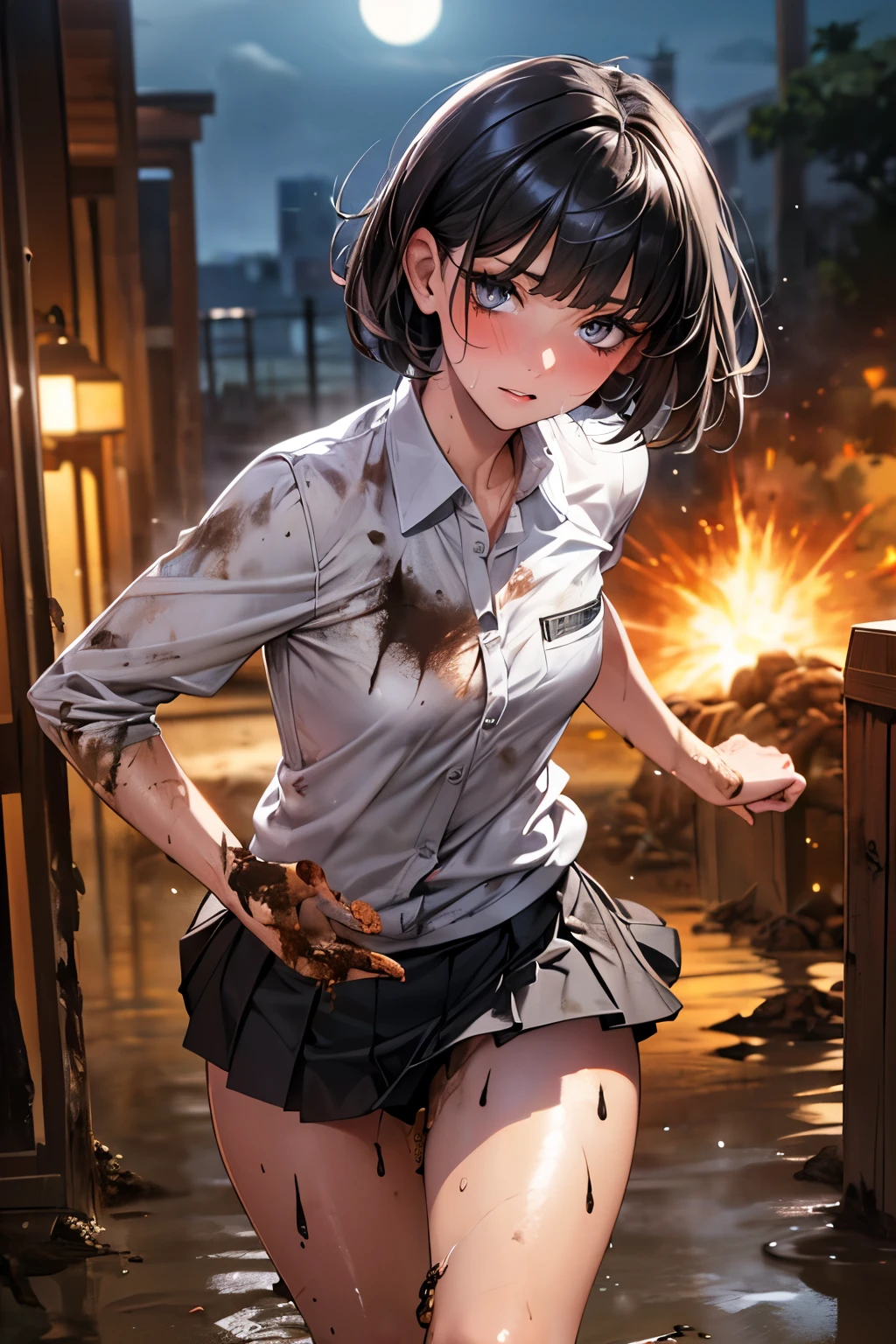 ((battlefield、Running Woman、explosion:1.5)),(((perfect anatomy:1.3,realistic:1.4,RAW Photography:1.4,masterpiece、highest quality、Ultra - High resolution、High resolution、Highly detailed CG、8K))),cowboy shot,1 female,solo、18 year old beauty,Japanese,((beautiful detailed face and eyes:1.3,big gorgeous eyes:1.3,gray eyes)),black hair,short bob hair,blunt bangs,blush,(medium breasts,slender body,small head:1.3,skinny),(gleaming skin:1.4,oily skin,shiny skin),((Dirty with mud、sweat:1.5)),(White collared shirt、Pleated black mini skirt)、Port warehouse district、container、at night、moonlight,