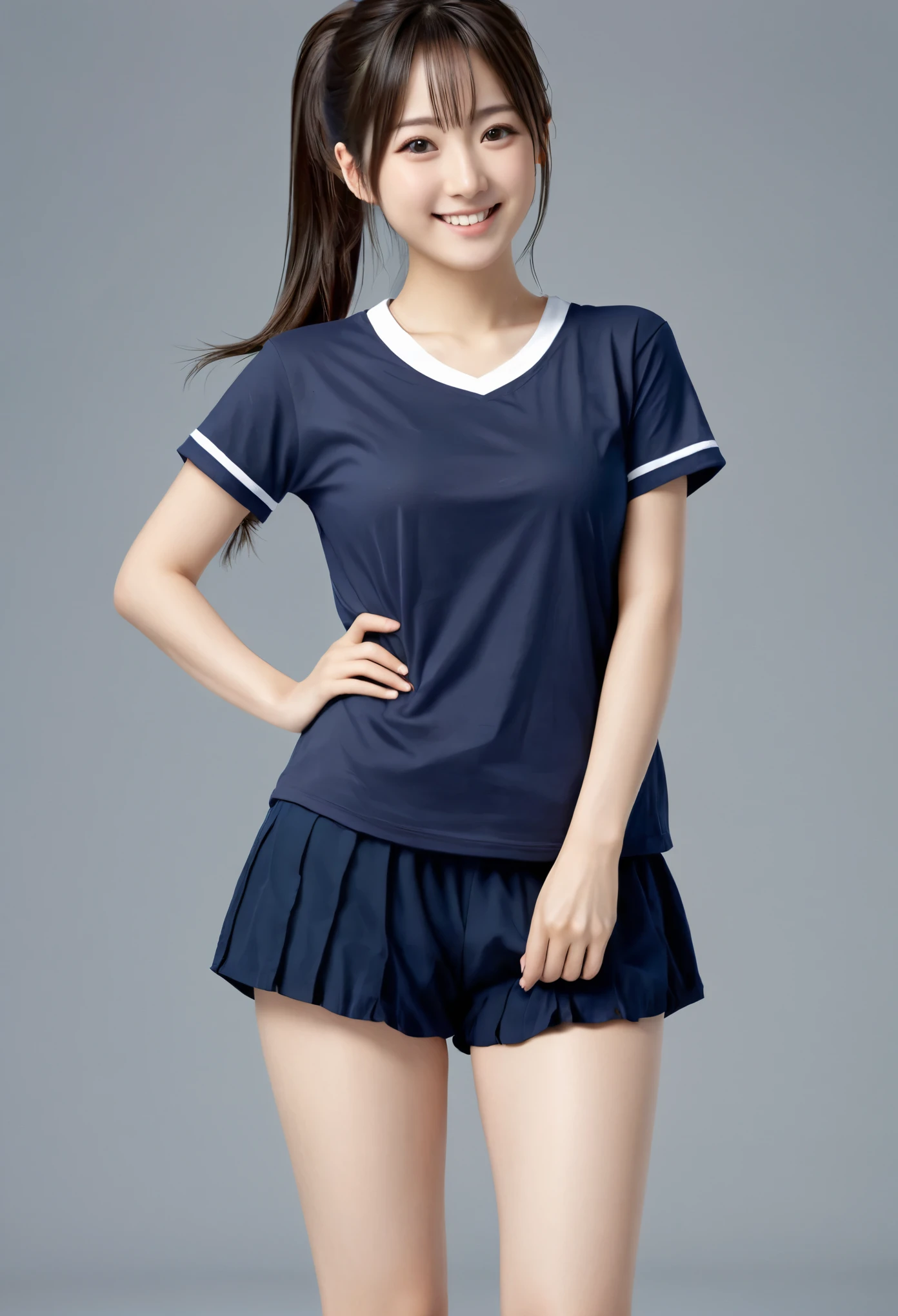 White large plain T-shirt)),((Navy Blue Bloomers)) 、Big Tits、ponytail、Japanese Girls、8K、((Full Body Shot))、highest quality、masterpiece、Real、Photorealistic ultra-detailed、One Girl、cute、The best smile、Beautiful Eyes、Long Hair、Perfect Face、Full Body Shot