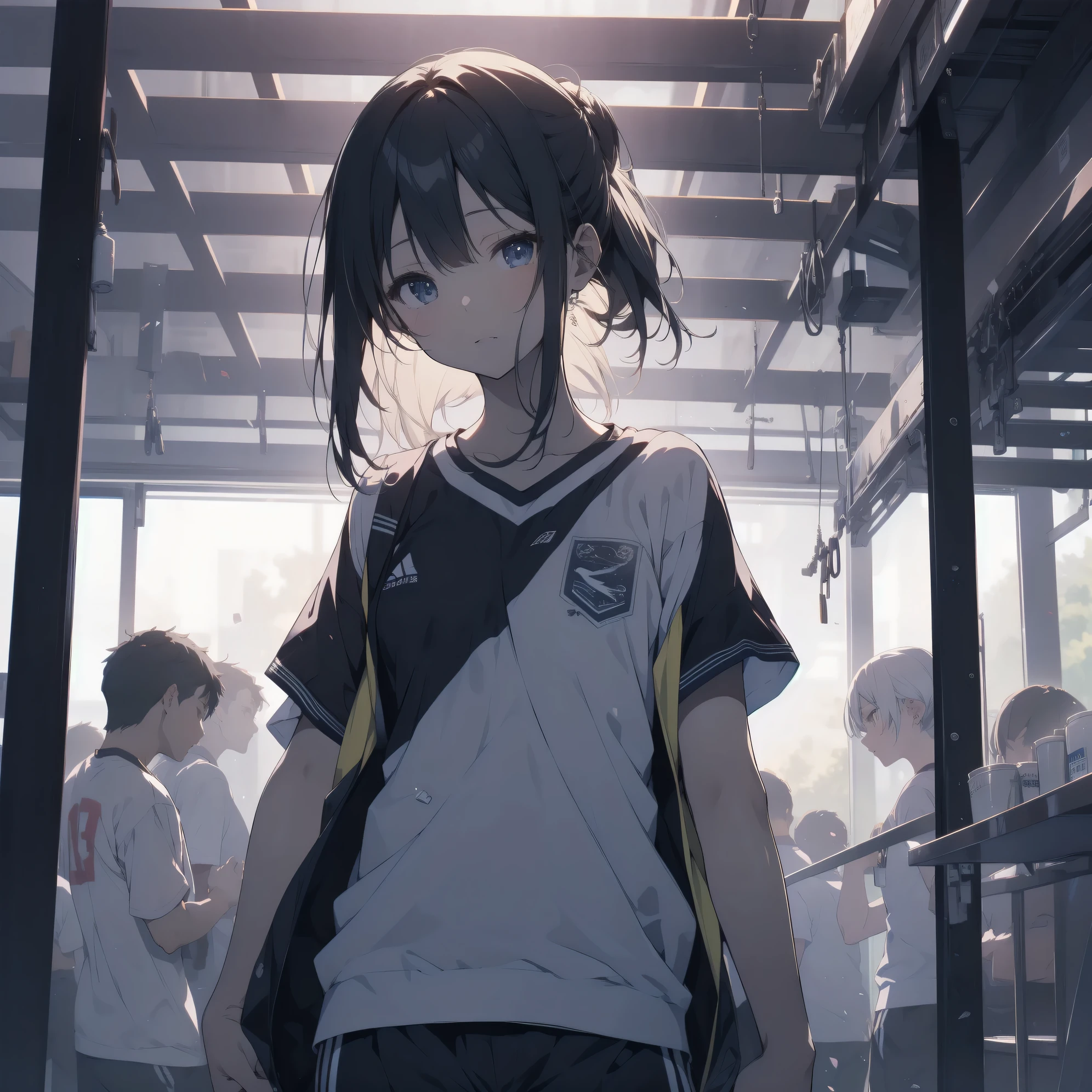 ultra-absurdres-Top quality by artist God, ultra-detailed, high resolution, anime moe artstyle, best anime 8k konachan wallpaper, pixiv contest winner,pool:2810, perfect anatomy,break, 1girl, (Please draw a girl walking to home alone. )break,(Solo,little female, 13-year-old:1.3),Full limbs, complete fingers, (very short hair), ponytail, flat chest, groin, small butt, thighs, small black eyes, beautiful detailed eyes, well-proportioned iris and pupils, expressive eyes, highres detailed hair, soft expression, school_gym uniform, gym shirt, short sleeves, gym shorts, short shorts, (Detailed Lighting), (Detailed background),solo_focus, in the School commute route. break,super detailed skin, Best cinematic lighting powered by famous artist, 8k,beauty illustration,photoshop_(medium),very aesthetic,break,((artist:hara_(harayutaka) )), artist:bolze ,artist:oyari_ashito ,artist:kantoku ,