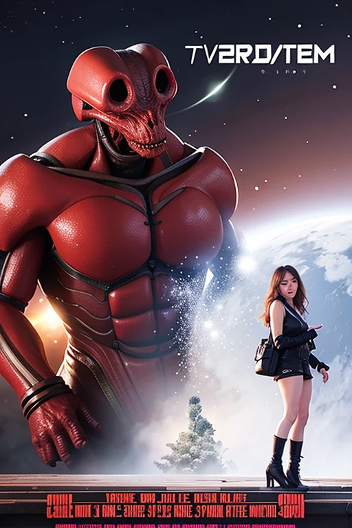 Sci-fi horror movie poster、Beautiful woman attacked by a mysterious space monster