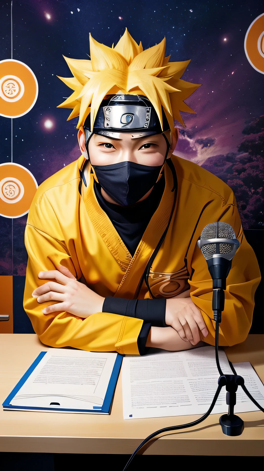 Naruto with facemask sitting at a desk in a podcast studio, happy face, happy eyes, podcast microphone, cool background, decorated room, close up, view from the front