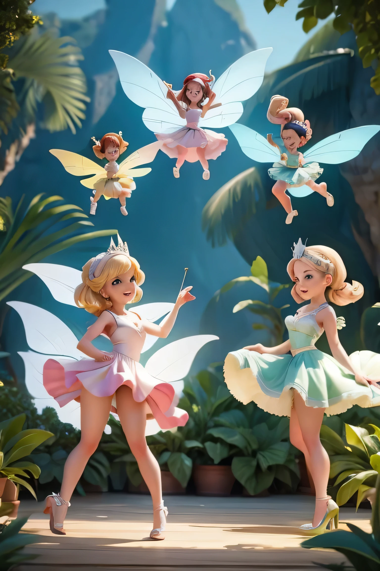 a dancing with adult fairies happily,disney style