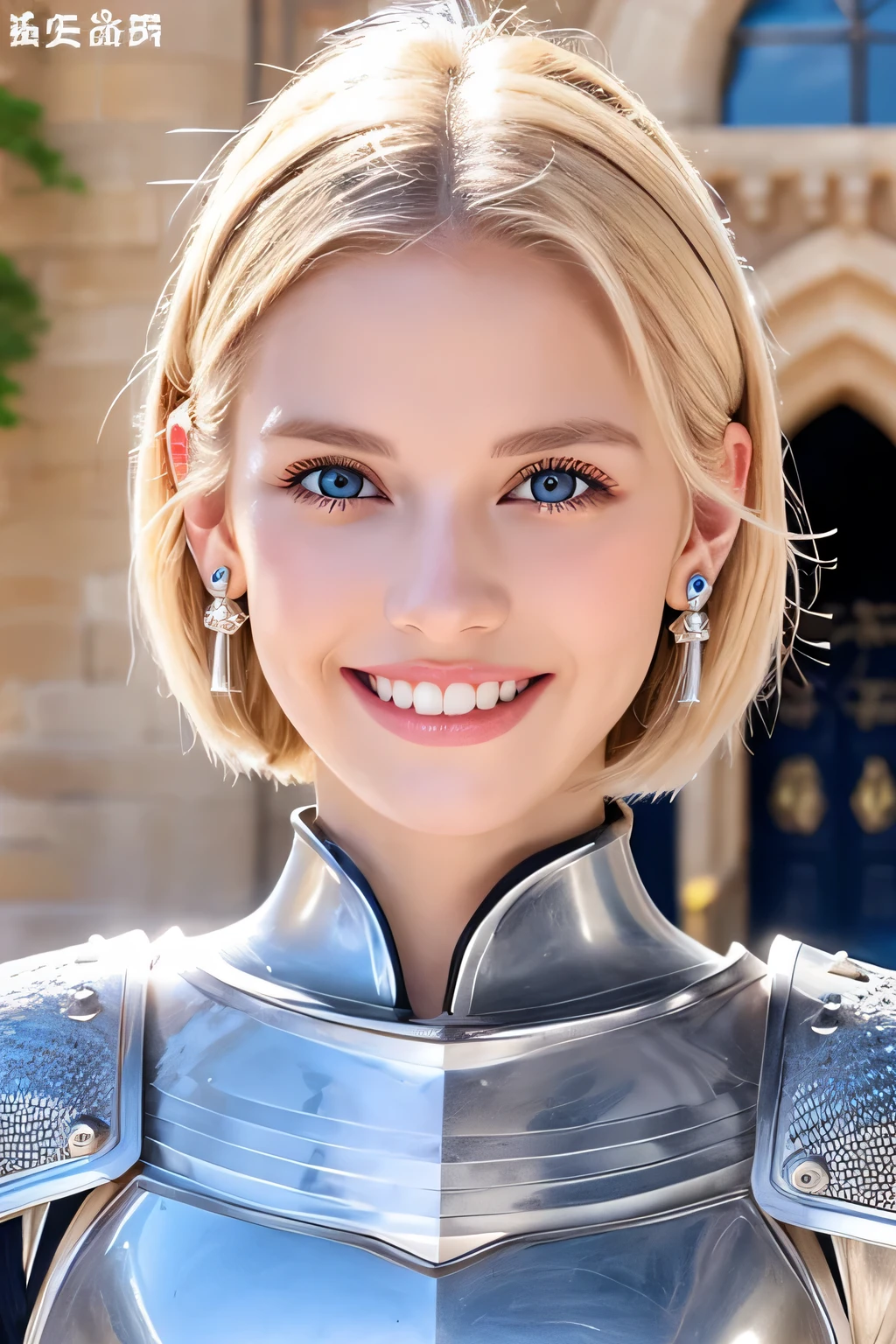8K、highest quality、female knight、Luxurious Silver Armor、、hairstyle short cut、smile、Beautiful Teeth、Full body photo、ear piercing、blonde、White woman、blue eyes、Heavy makeup、The background is inside the castle