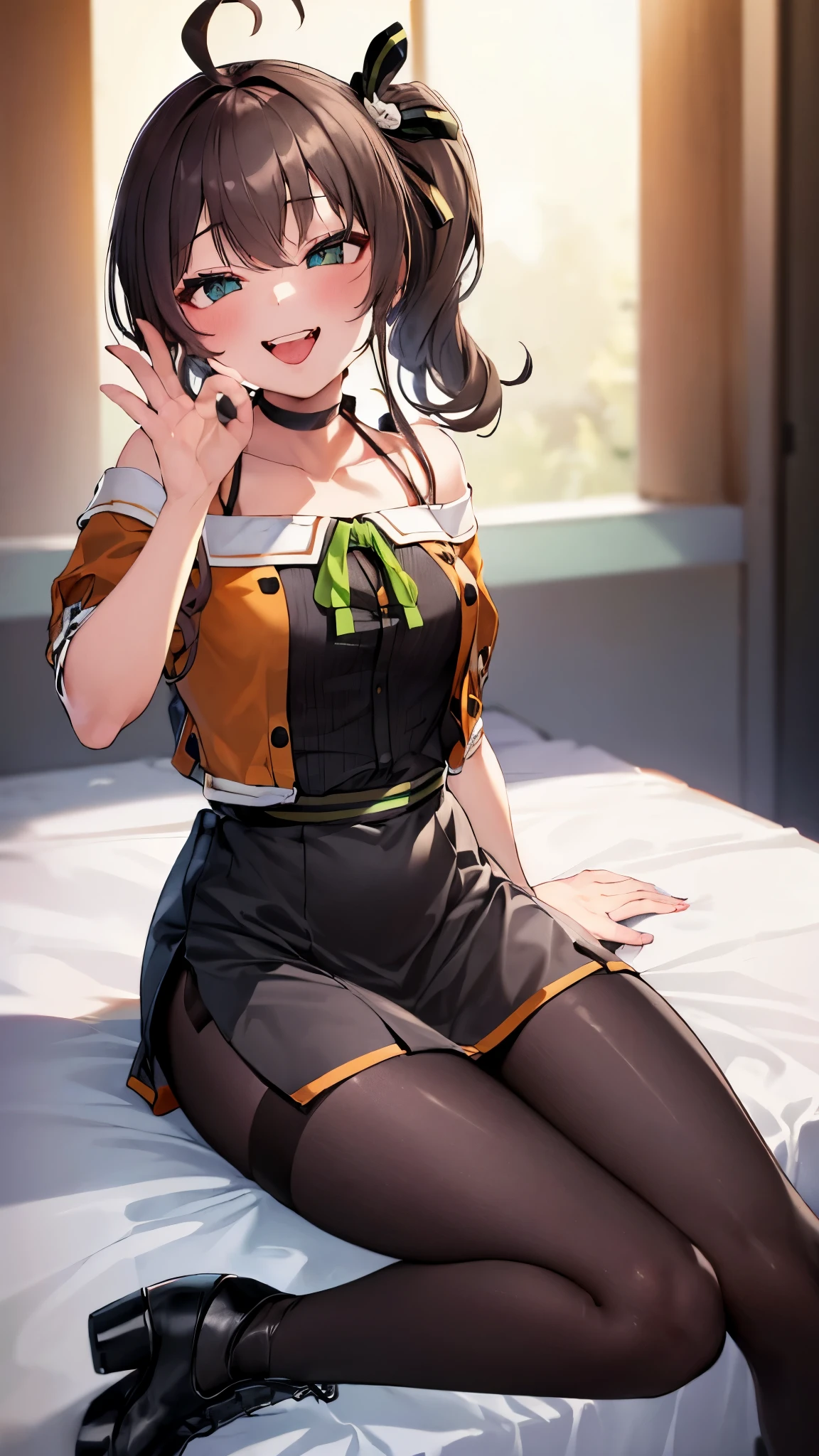  ((((Open your mouth))))、masterpiece,highest quality,High resolution,Very detailed,bb Festival,meだium hair,skinny,Ahoge,Brown Hair,(((((  Captivating smile ))))),skinny,Hair between the eyes,bangs,Hair Ribbon,Black Choker,Earrings,Black Ribbon,plaiだ shirt,Grey Shirt,shoulだer cutout,Short sleeve,See-through sleeves,Black Skirt,High Waist Skirt,Race,(( Perfect Fingers )) ,  shoes下,(black shoes下:1.4),Race trim,shoes,Black footwear,indoor,(Cafe:1.2),((Blowjob Gestures:1.5))、Open your mouth ,Sitting,Chair,Heavy breathing ,Hand in front of your mouth,Hand in front of mouth,